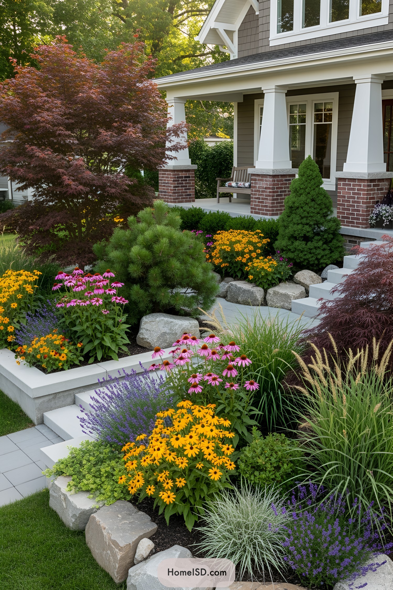 Colorful front garden with diverse flowers and shrubs