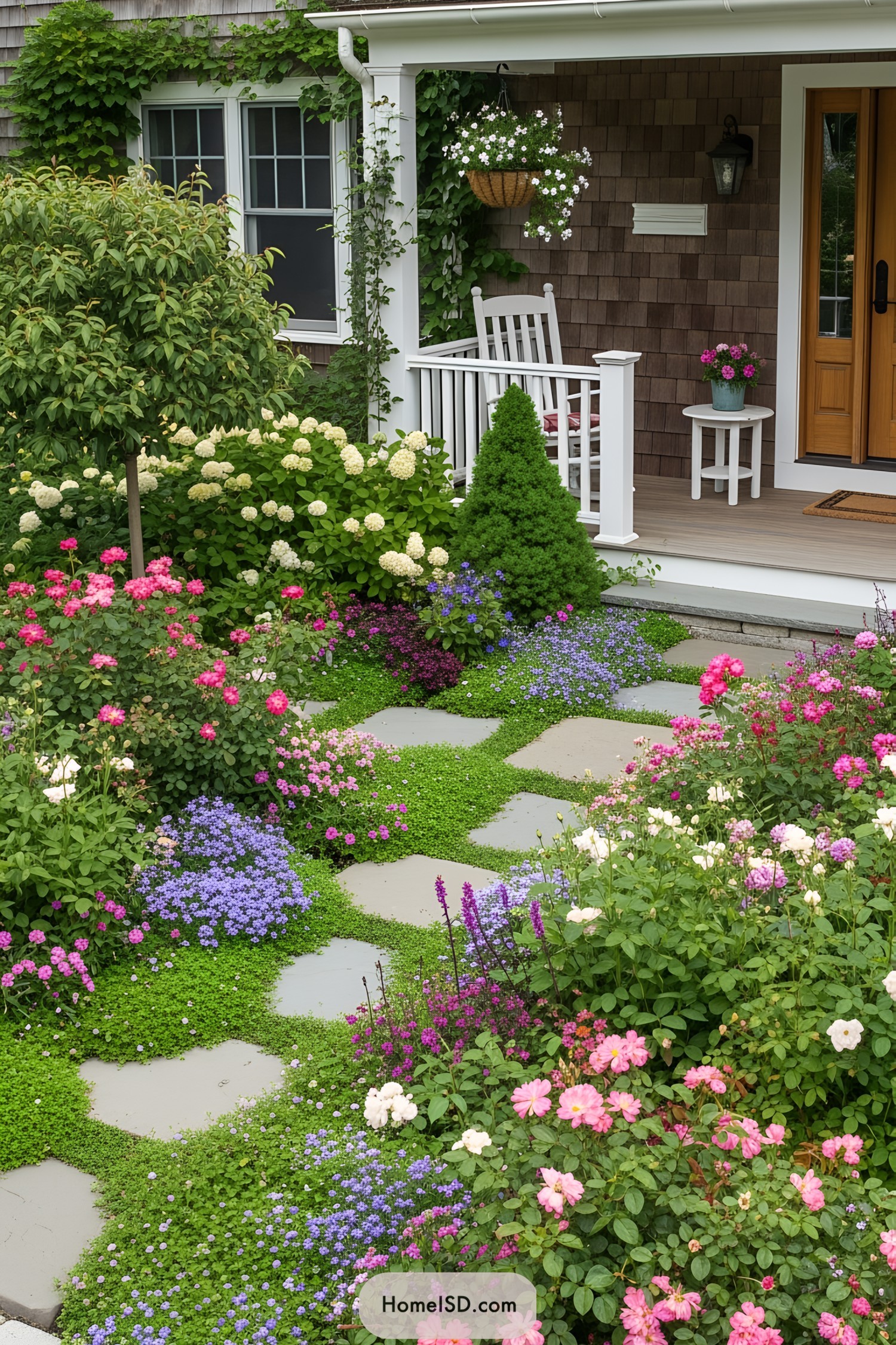Brightly colored flower beds with a quaint porch in the background
