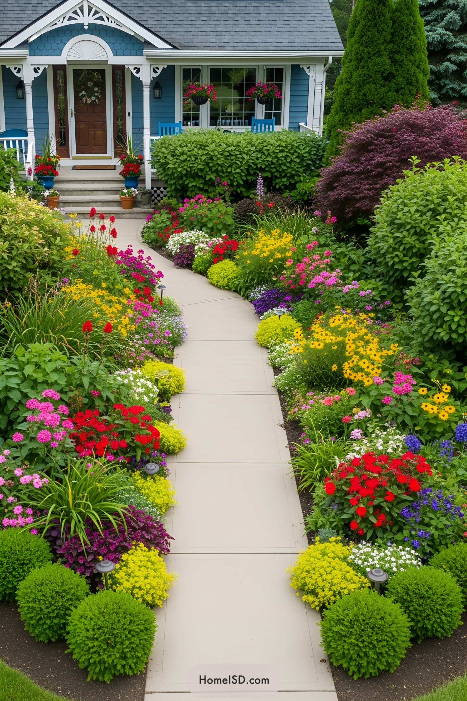 Colorful front garden with diverse flowers
