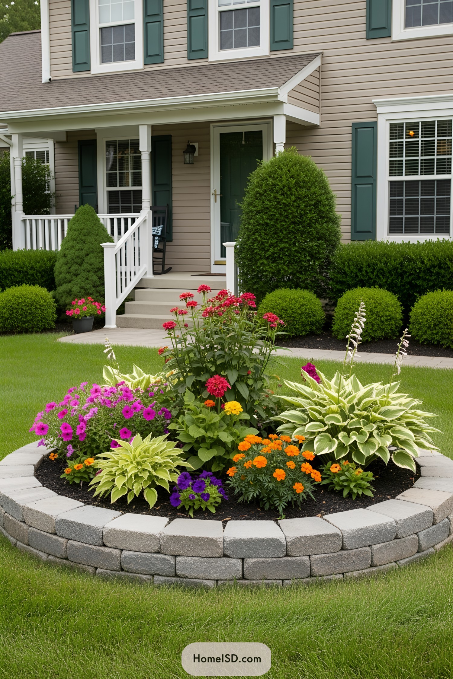 A circular flower bed with vibrant flowers and lush greenery