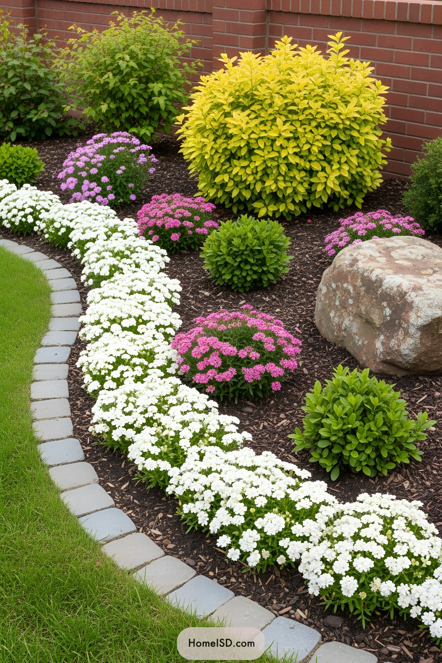 Colorful flowers and greenery in a front garden bed