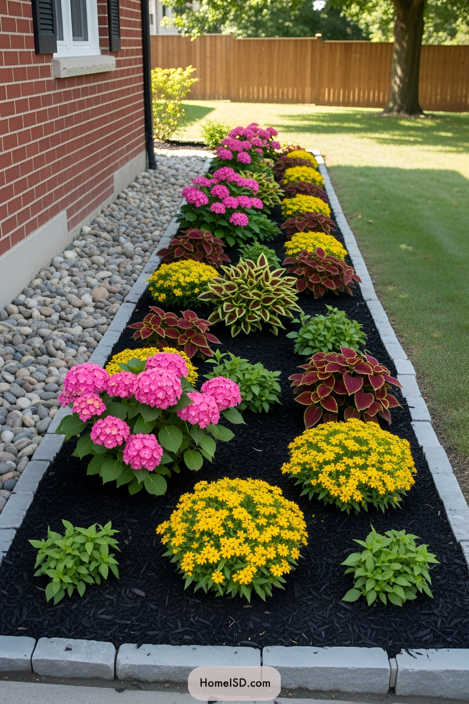 Colorful flower border in front of a brick house