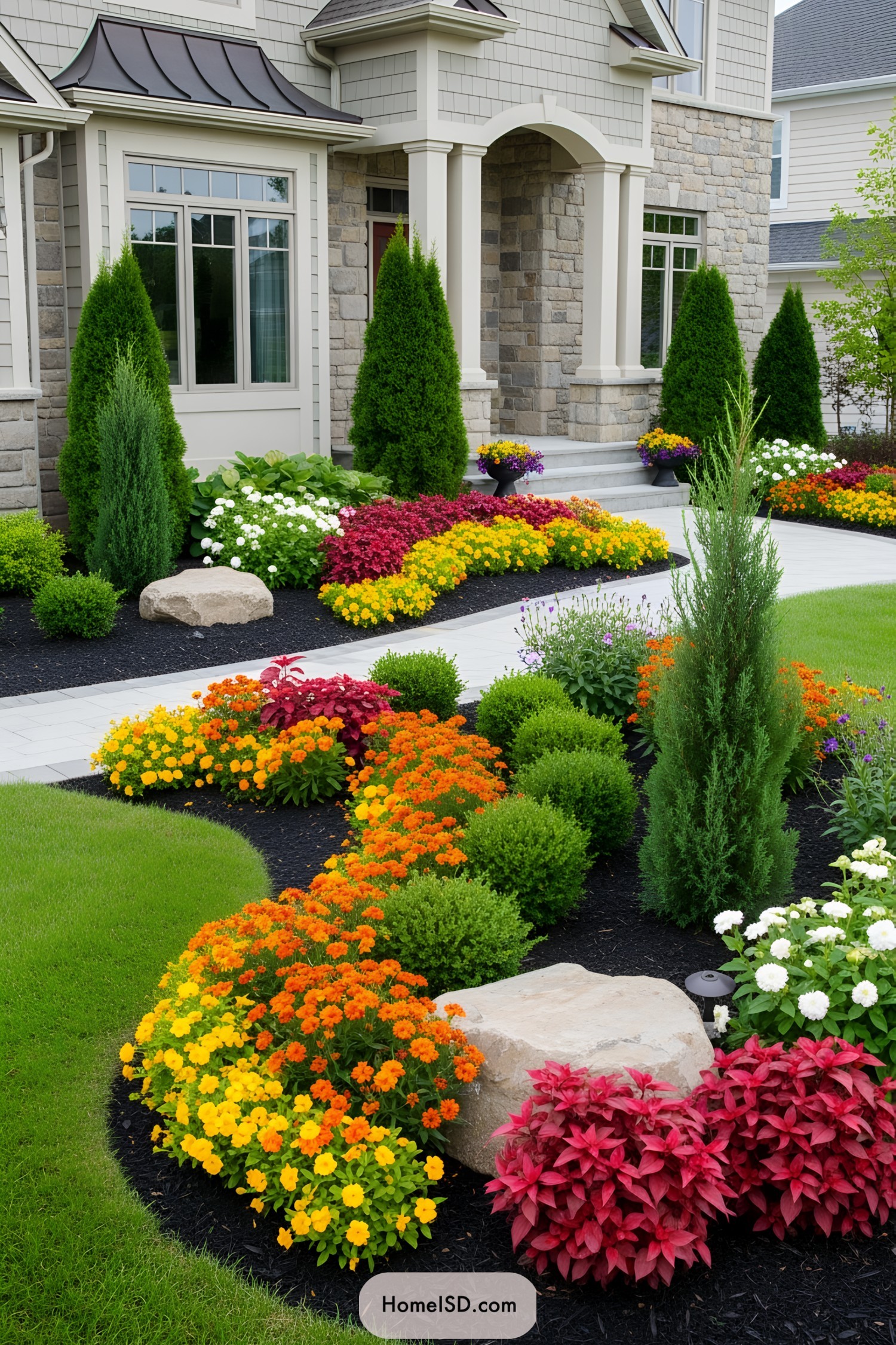 Colorful flowers with neatly trimmed bushes in a front garden