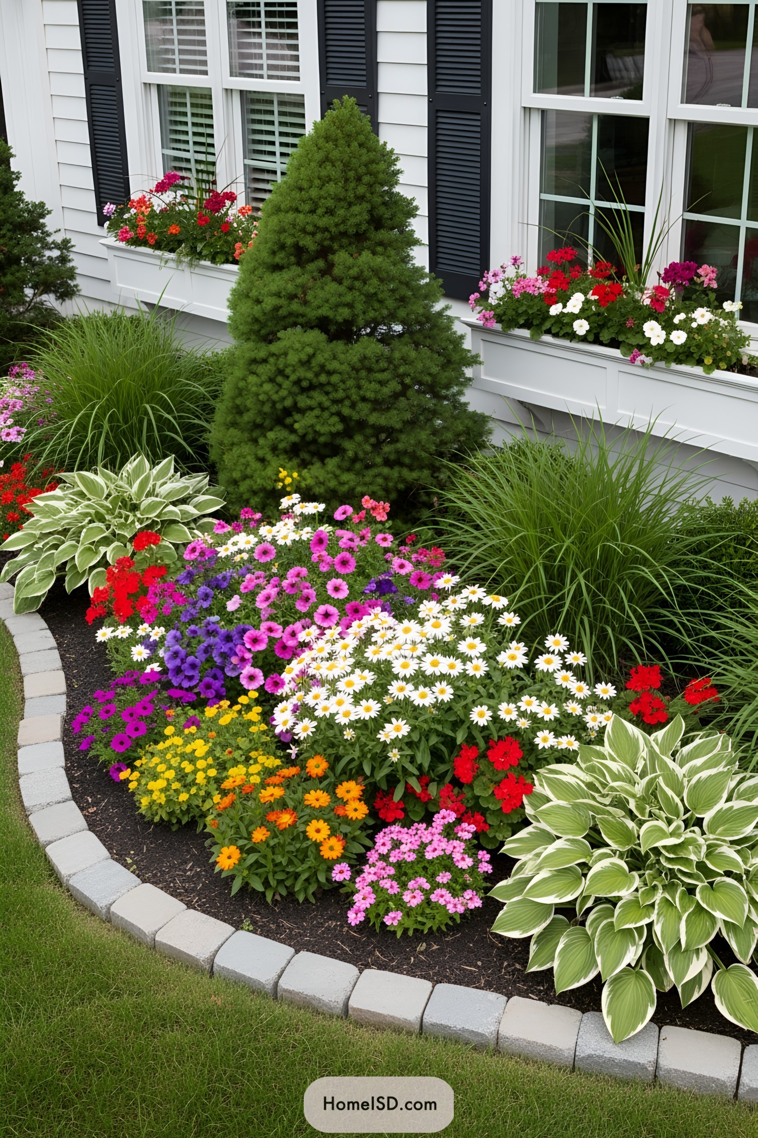 Colorful flower bed with diverse blooms and greenery