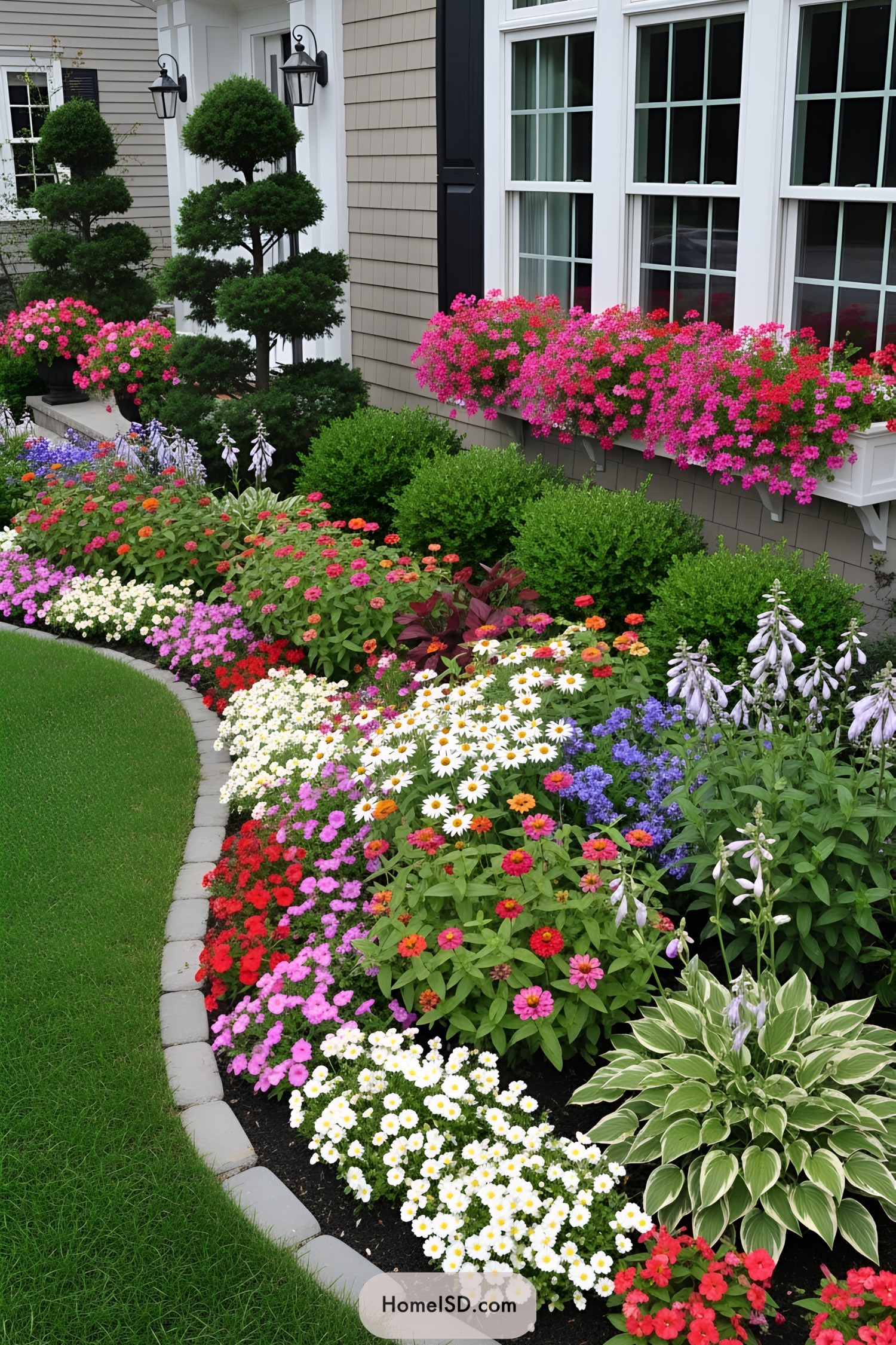 Front garden with blooming flowers and tidy green shrubs