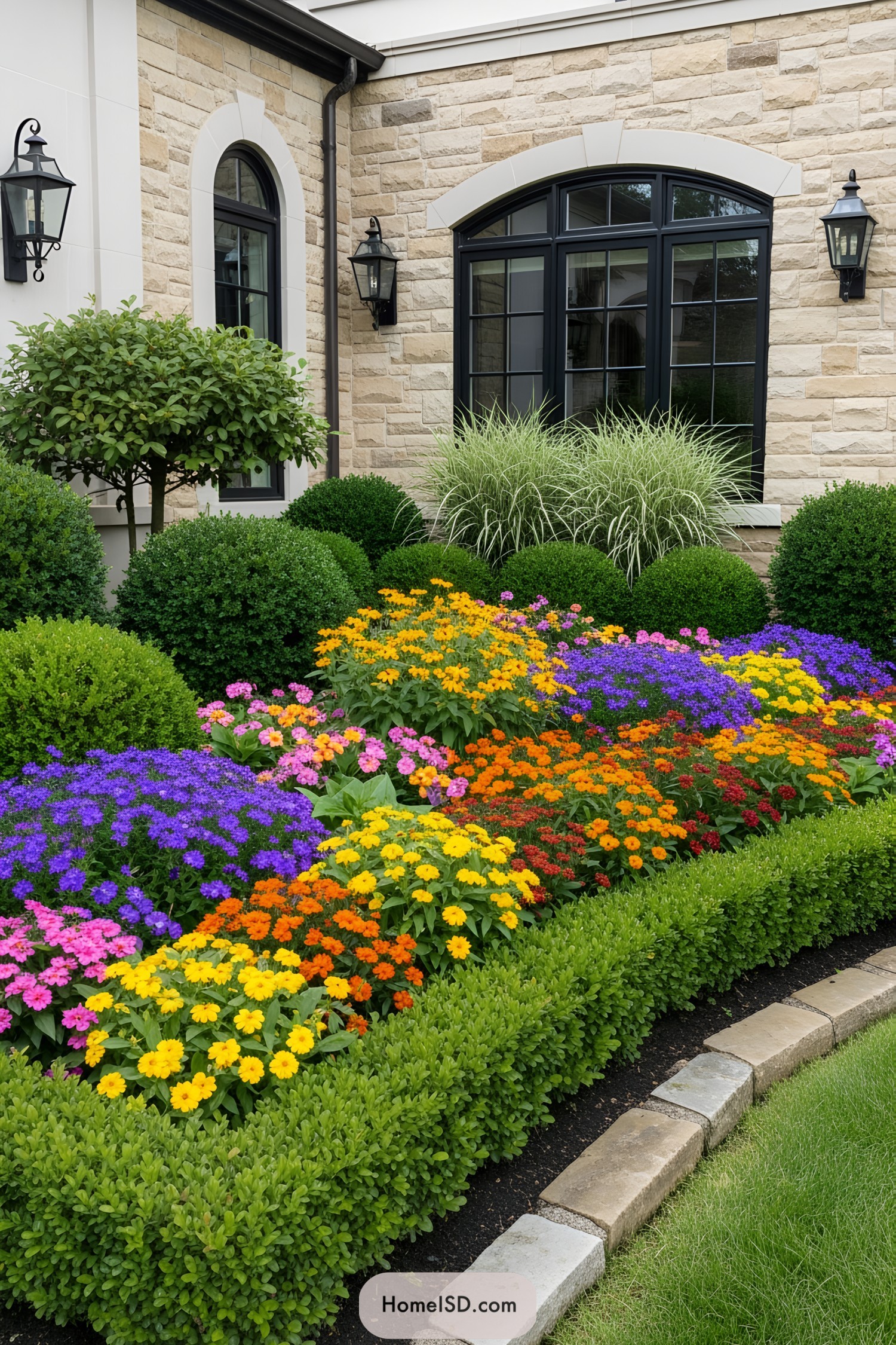 A vibrant bed of colorful flowers in a front garden