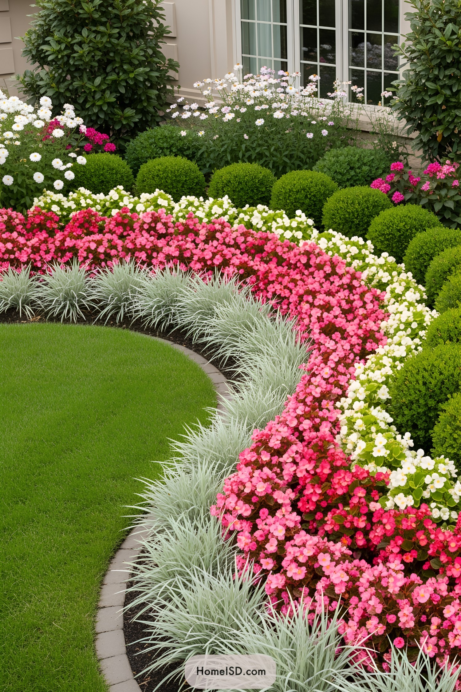 Colorful flower beds with lush greenery