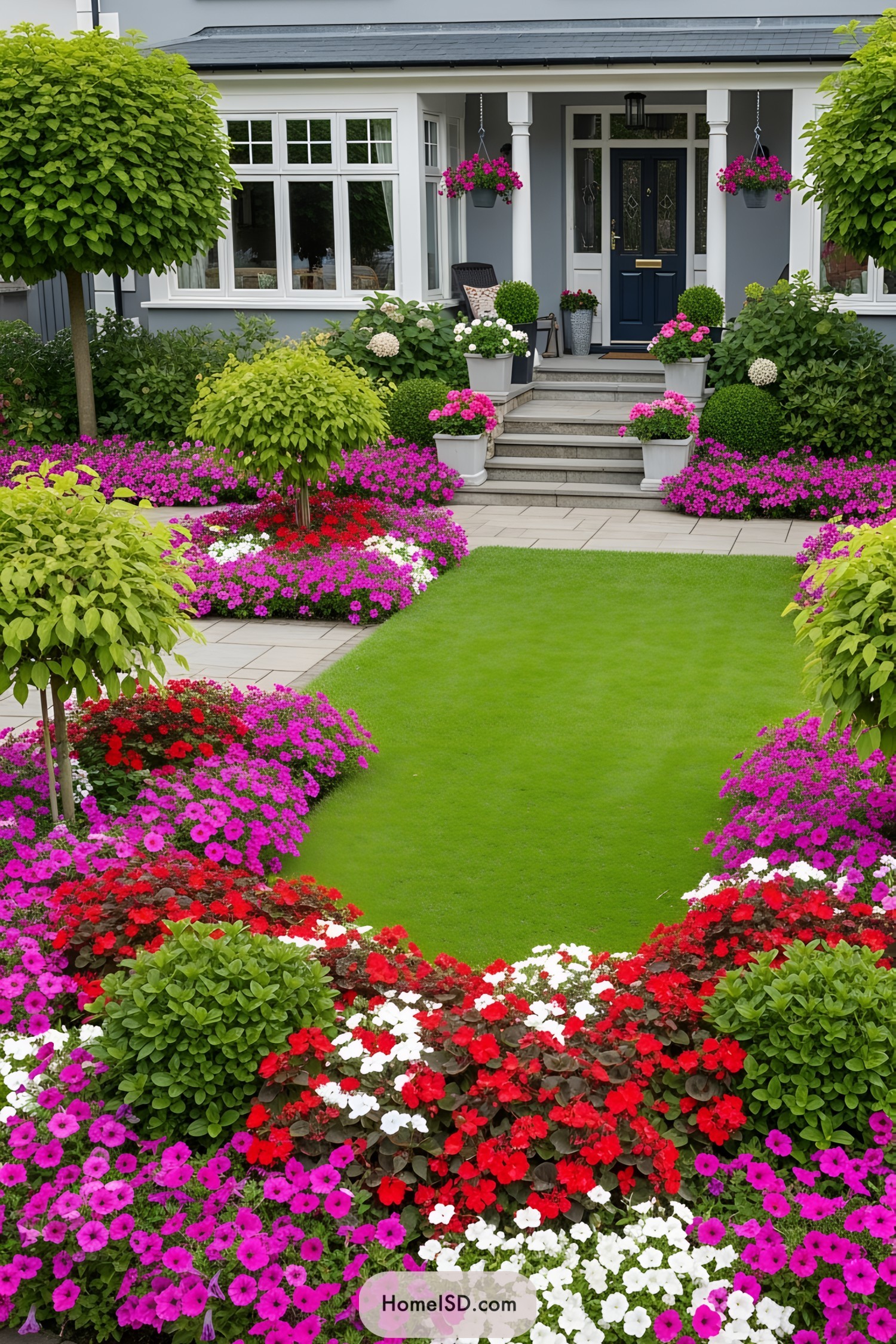 Front garden flower beds with a vibrant, tidy layout and lush green lawn, bordered by dense beds of blooming pink and magenta petunias, clusters of red and white flowers, and assorted leafy shrubs. A neat grey house with white trim, wide windows, and a covered front porch anchors the space, adorned with hanging baskets and potted plants. Symmetrical stone steps and well-maintained paved pathways provide access, while manicured bushes and ornamental trees frame the composition.