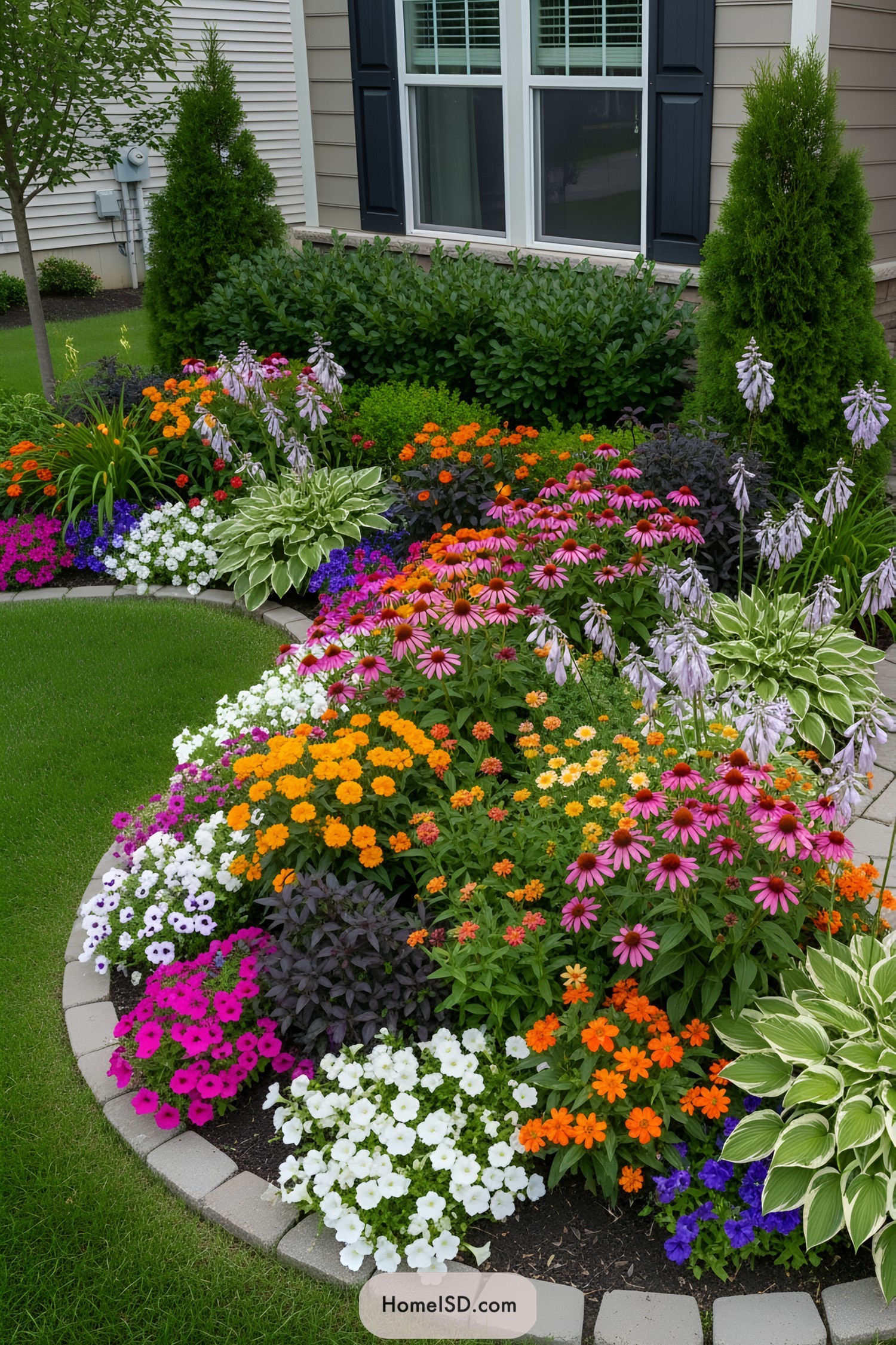 Colorful flower bed with lush blooms and greenery