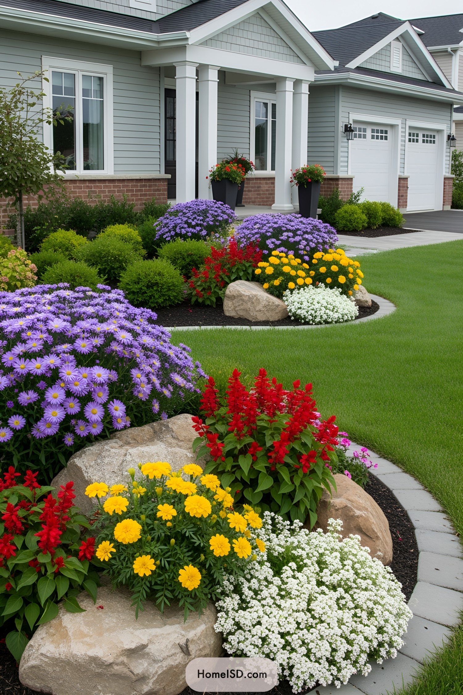 Vibrant front garden with diverse flowers and greenery
