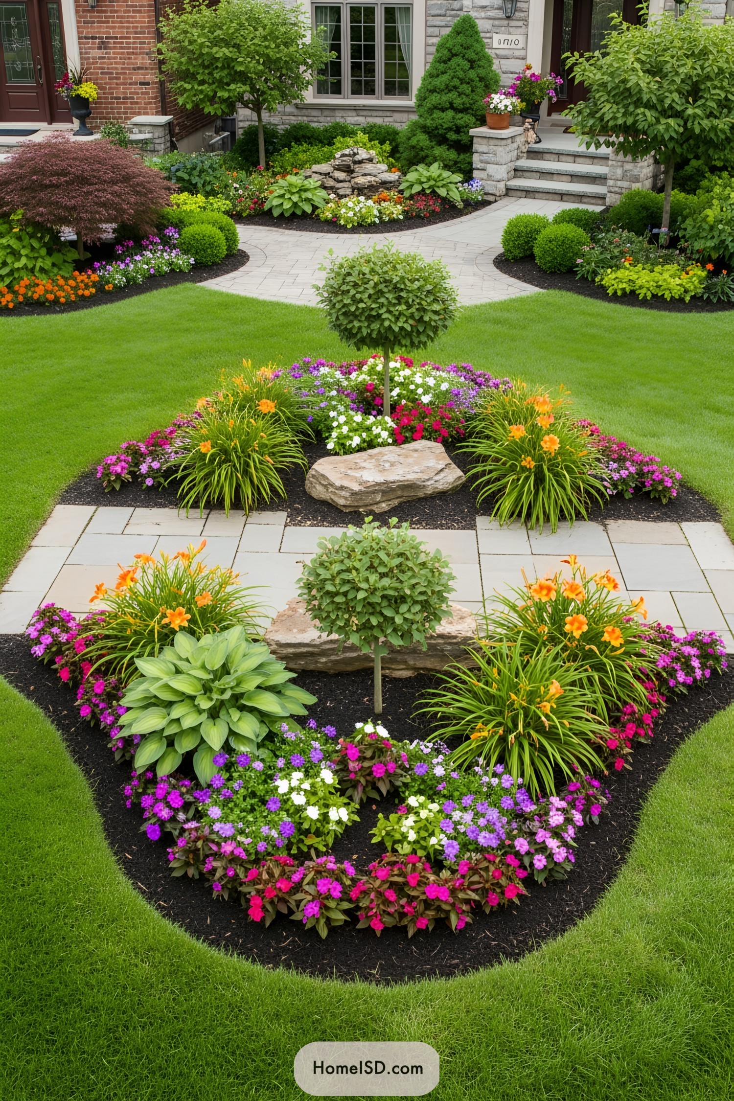 Beautifully arranged flower beds with vibrant colors