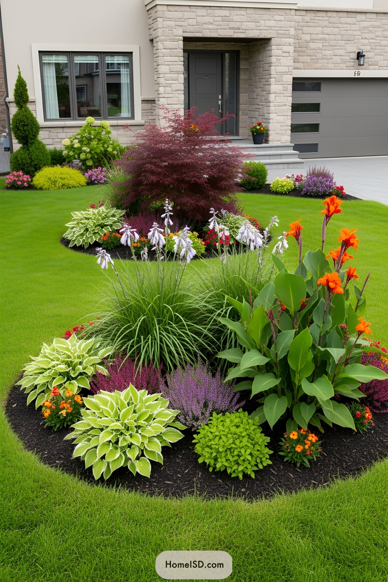 Front garden with vibrant flower beds and lush greenery