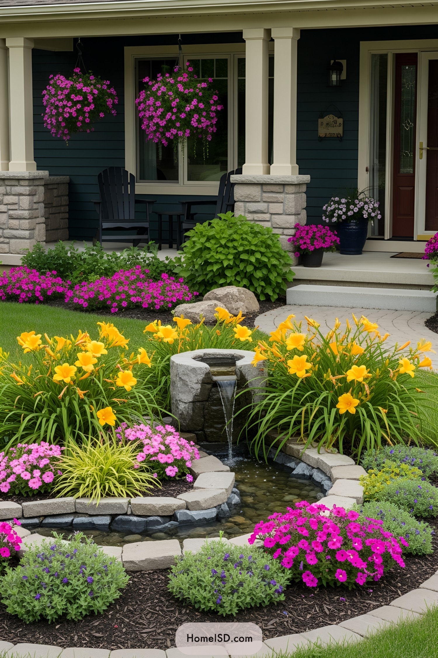 Front yard garden with vibrant flowers and a small waterfall
