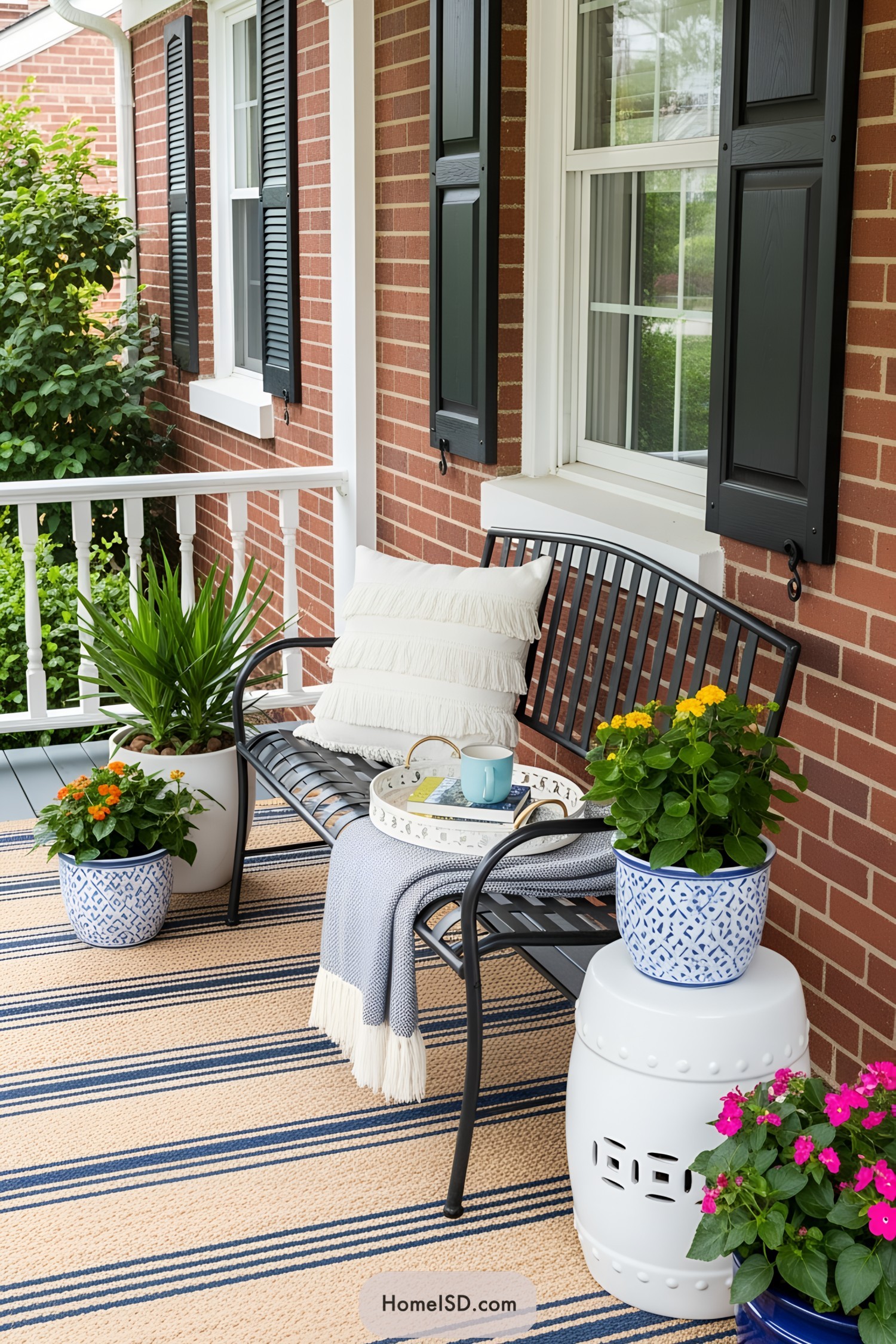 Front porch with a striped rug, bench, and potted plants