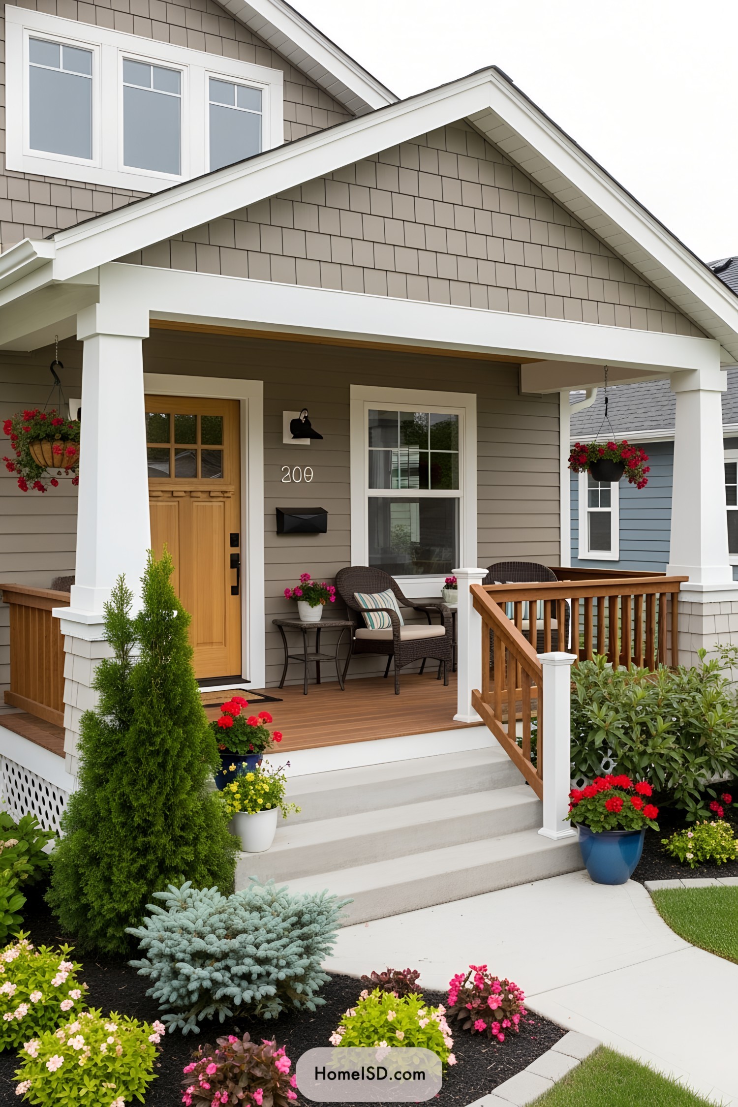 A charming front porch with wicker chairs and potted plants