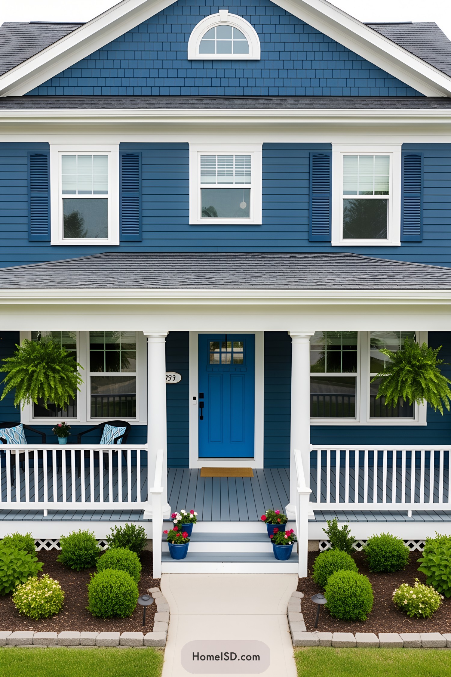 A blue house with white accents and a welcoming porch