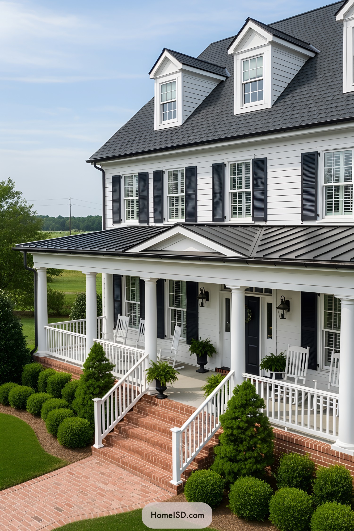 Colonial-style porch with white columns, black shutters, and brick steps