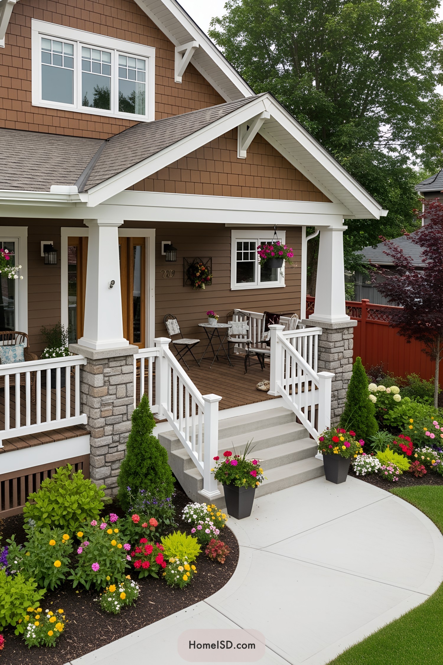 Quaint and colorful porch with flower pots and cozy seating