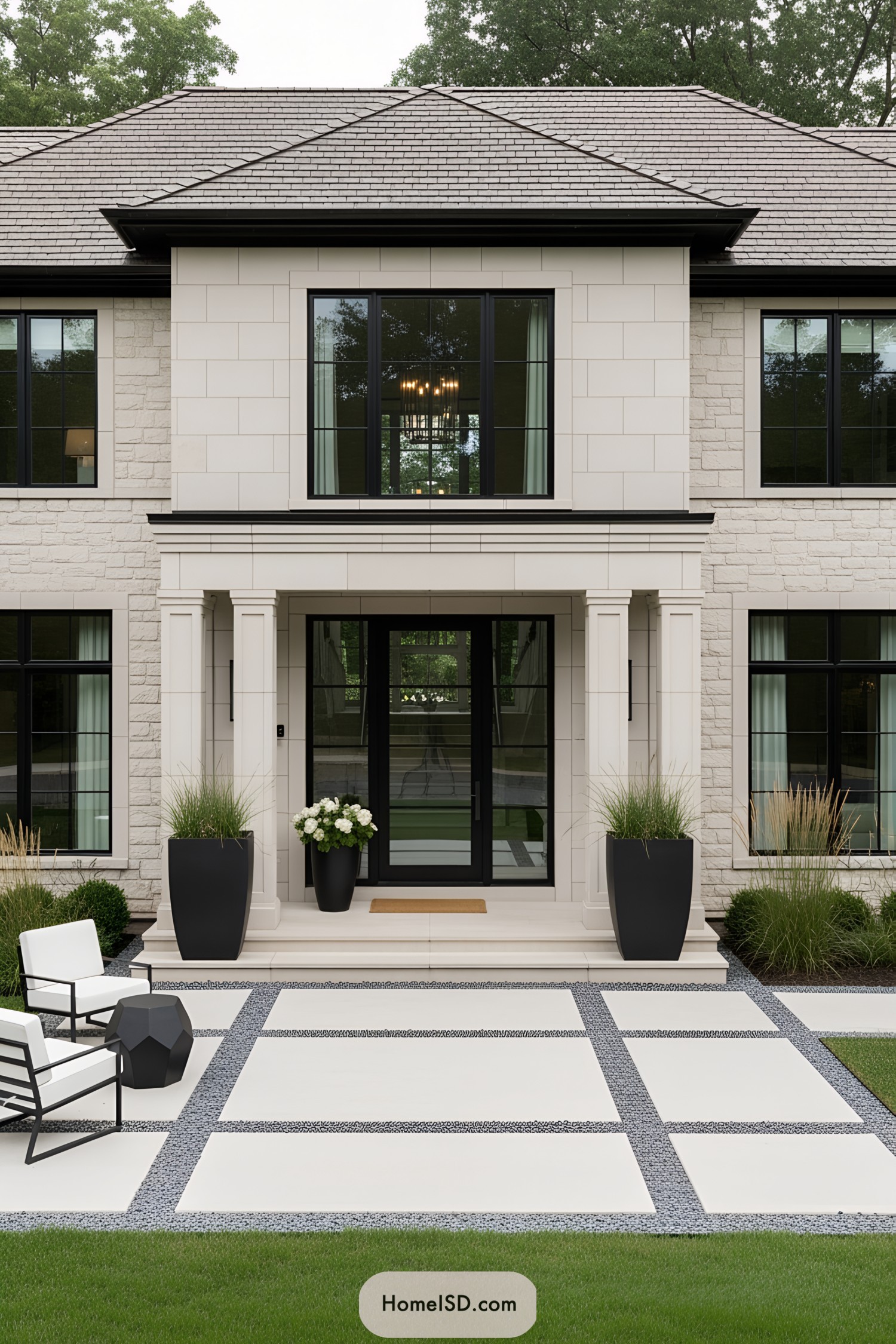 Stylish black door with planters on a modern porch