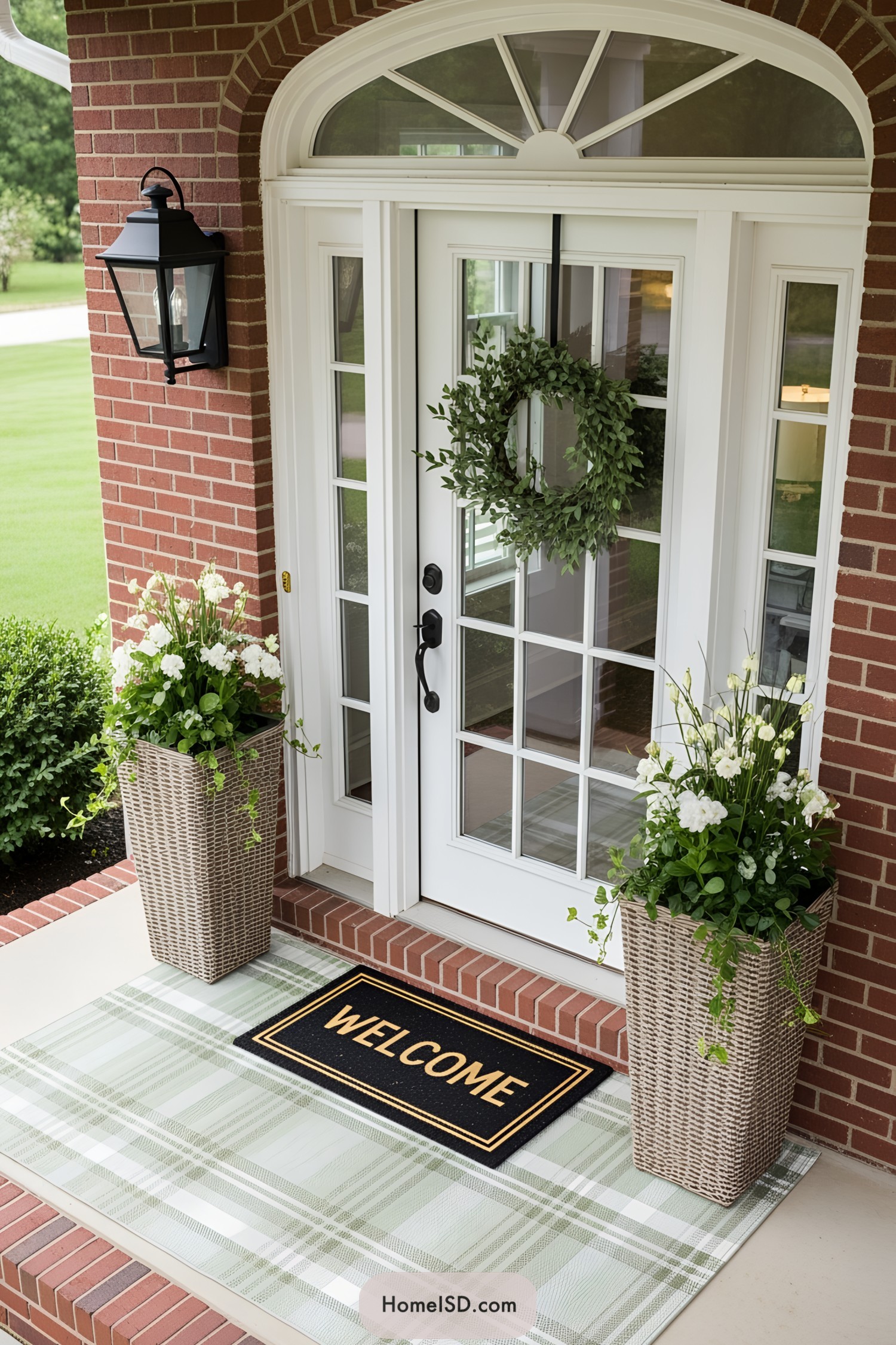White door with green wreath, welcome mat, and potted flowers