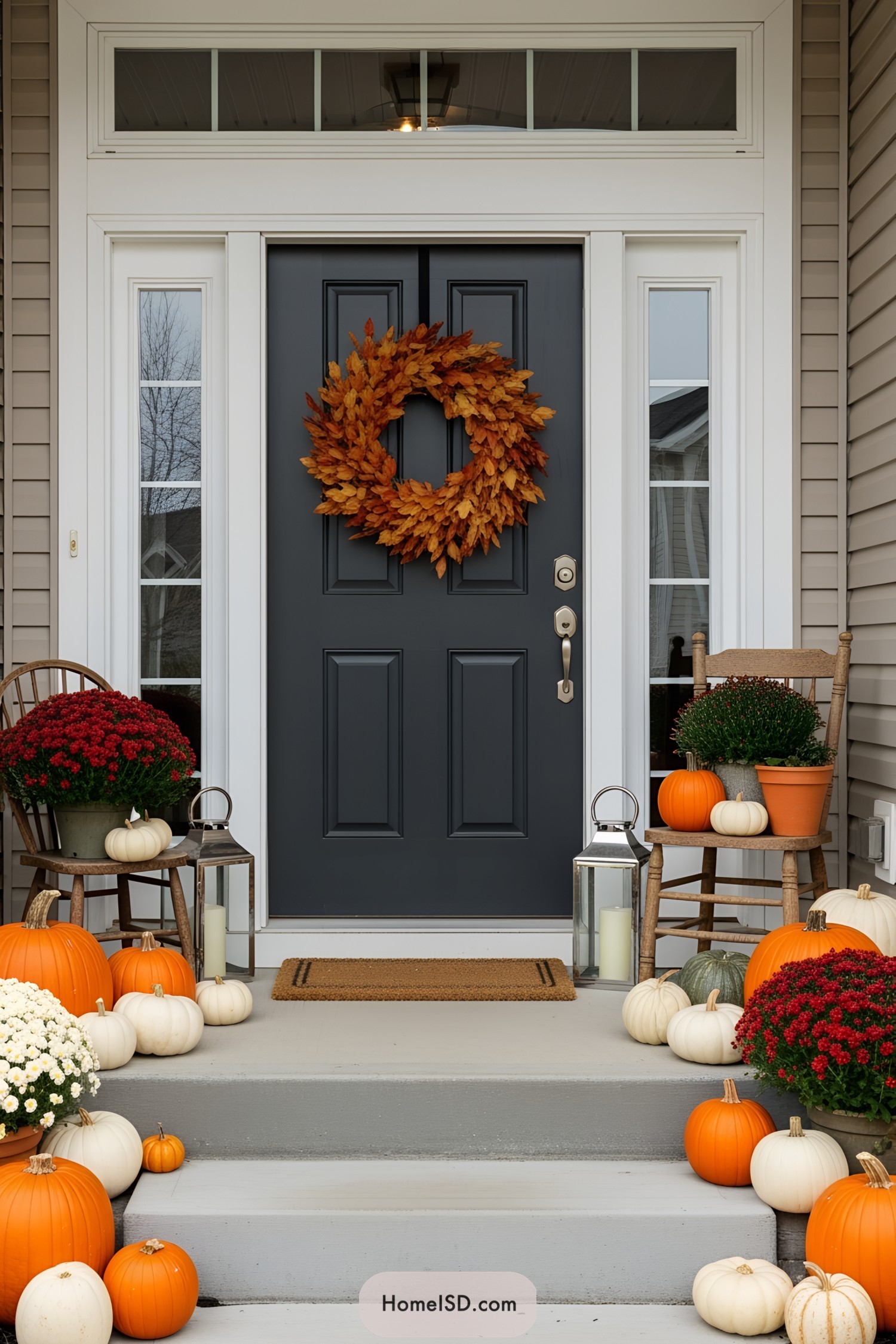 Festive porch adorned with pumpkins and a wreath