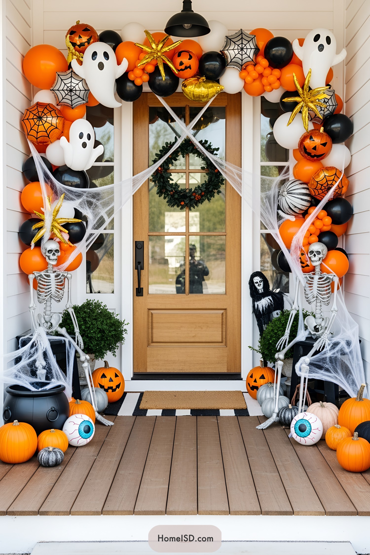 Halloween-themed porch with balloons, skeletons, and pumpkins