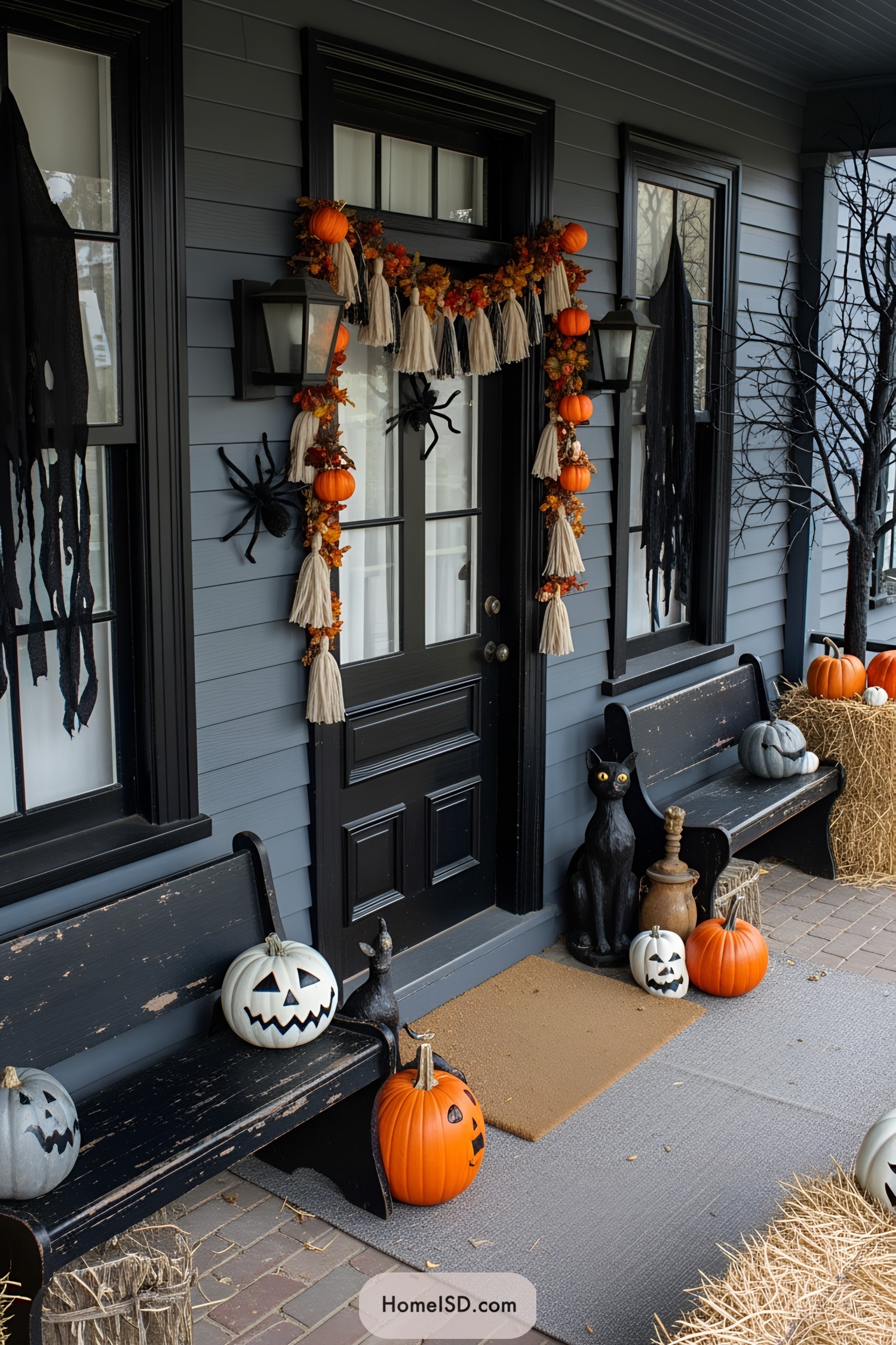 Halloween-themed porch with pumpkin garland and spooky decorations
