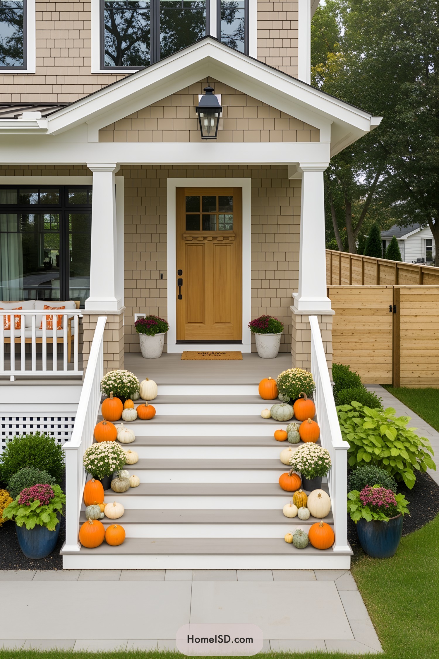 Pumpkins and mums beautifully arranged on porch steps