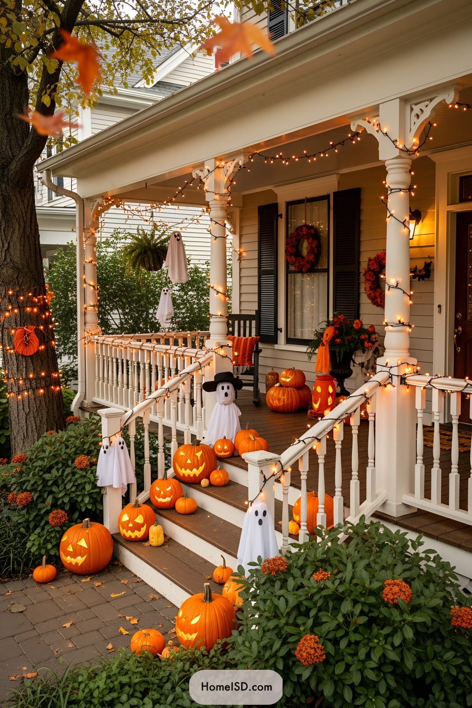Halloween-themed porch with glowing pumpkins and ghostly decorations