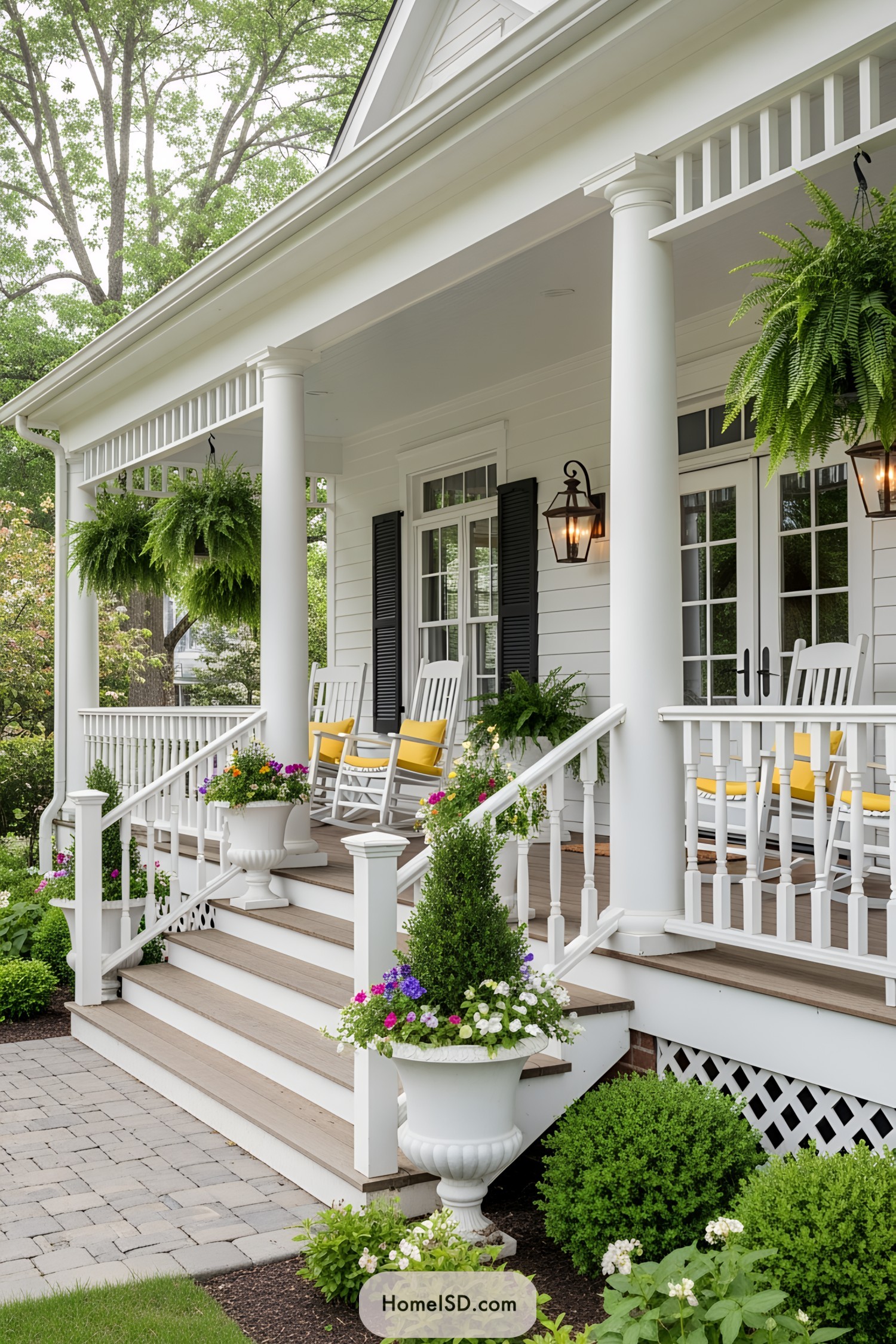 White porch with rocking chairs and bright floral accents