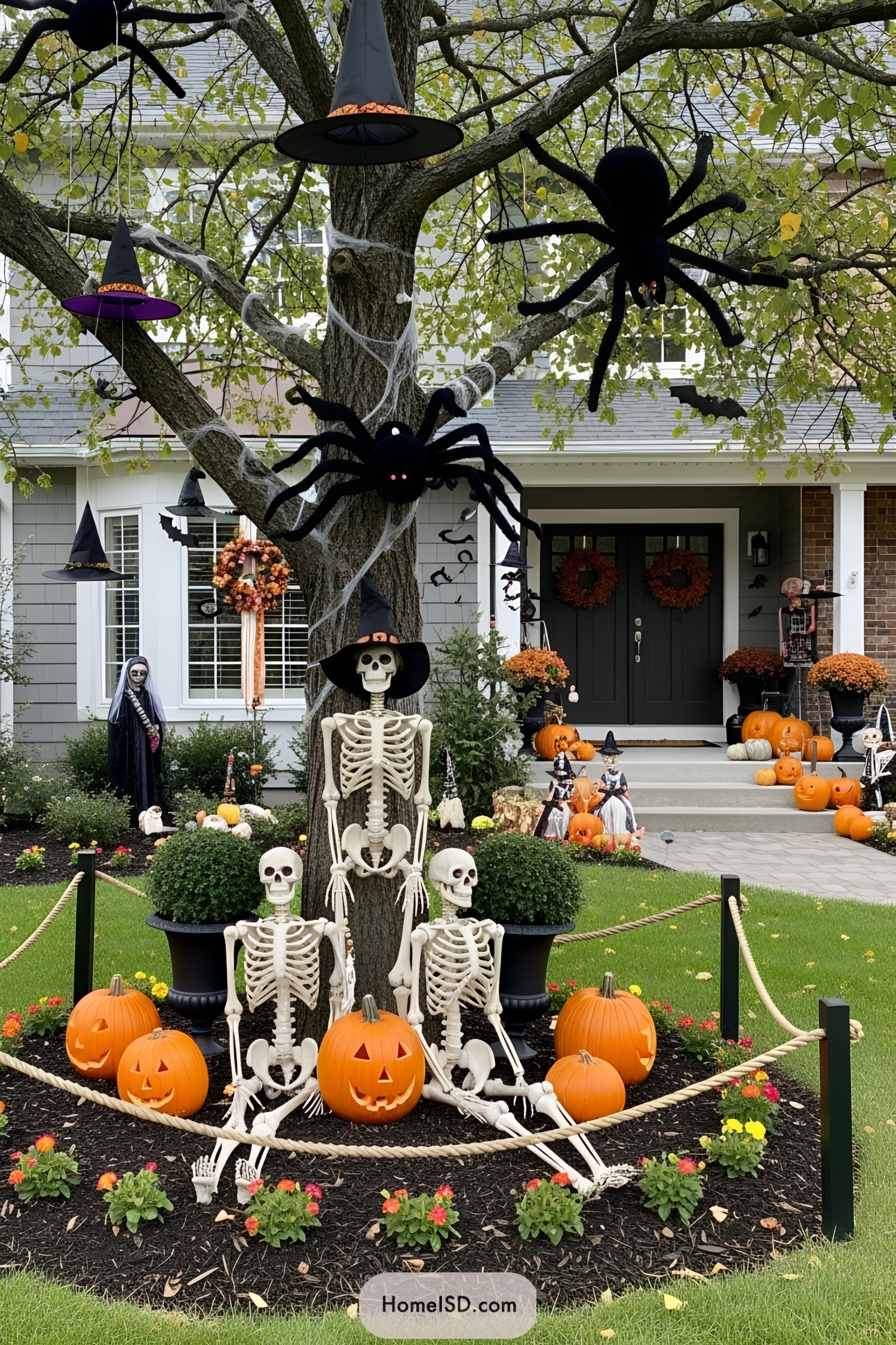 Giant spiders and skeletons amidst Halloween decor