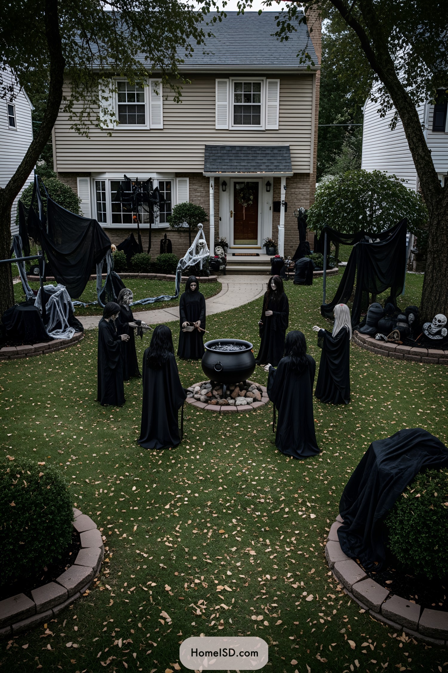Hooded figures around cauldron in spooky yard