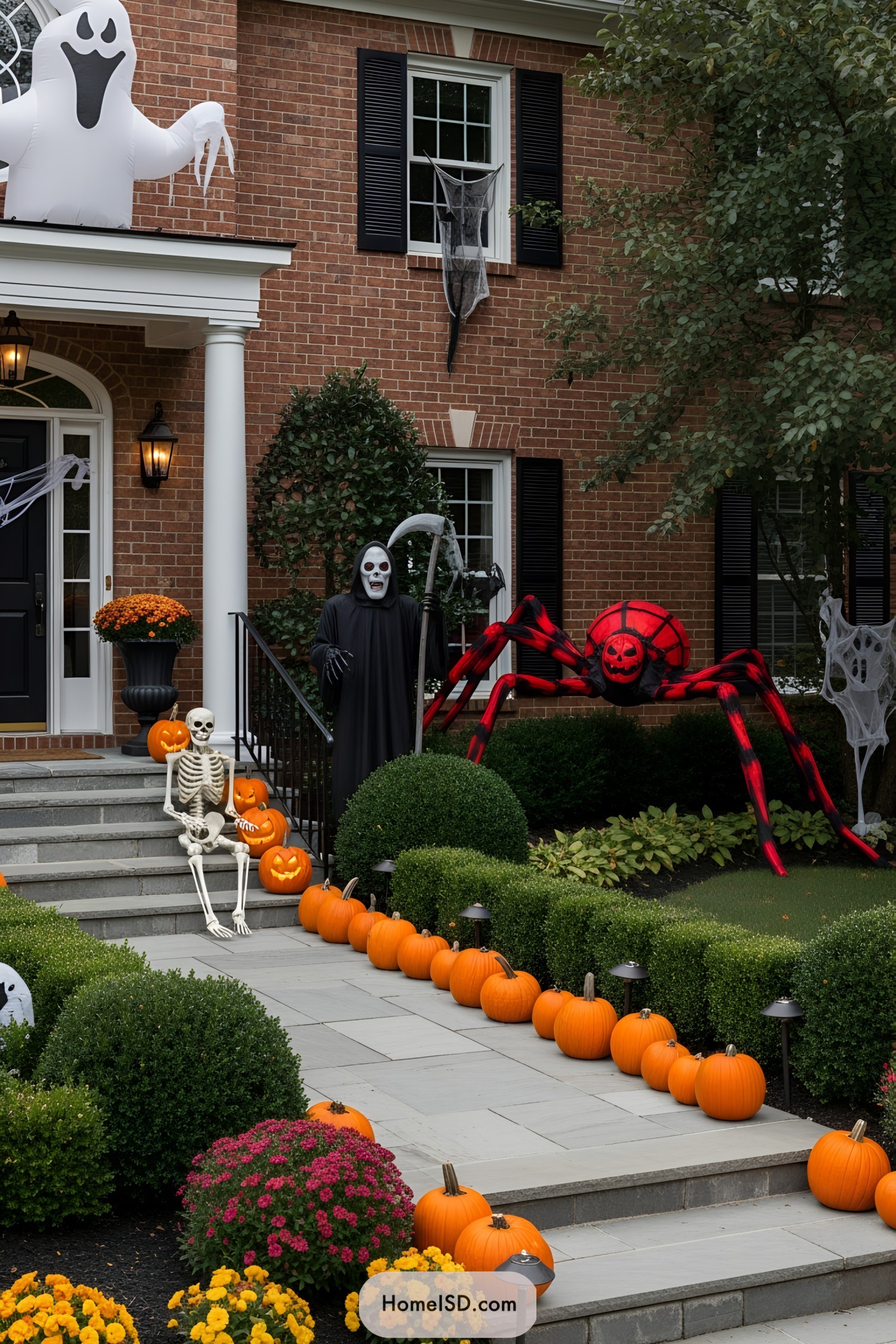Front yard Halloween display with ghost, skeleton, and giant spider
