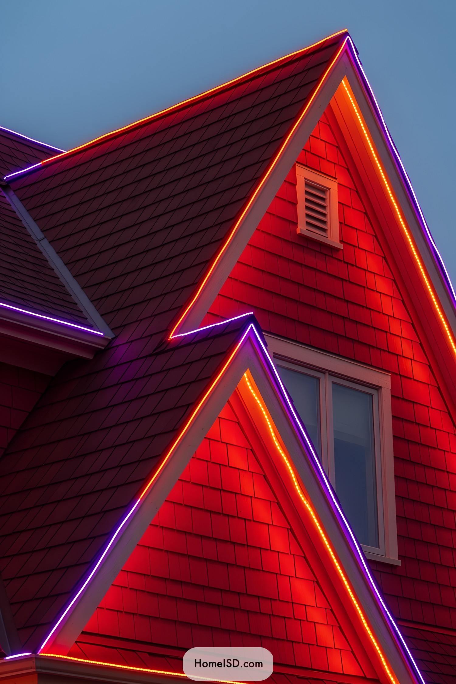 A house roof adorned with vibrant orange and purple Halloween lights