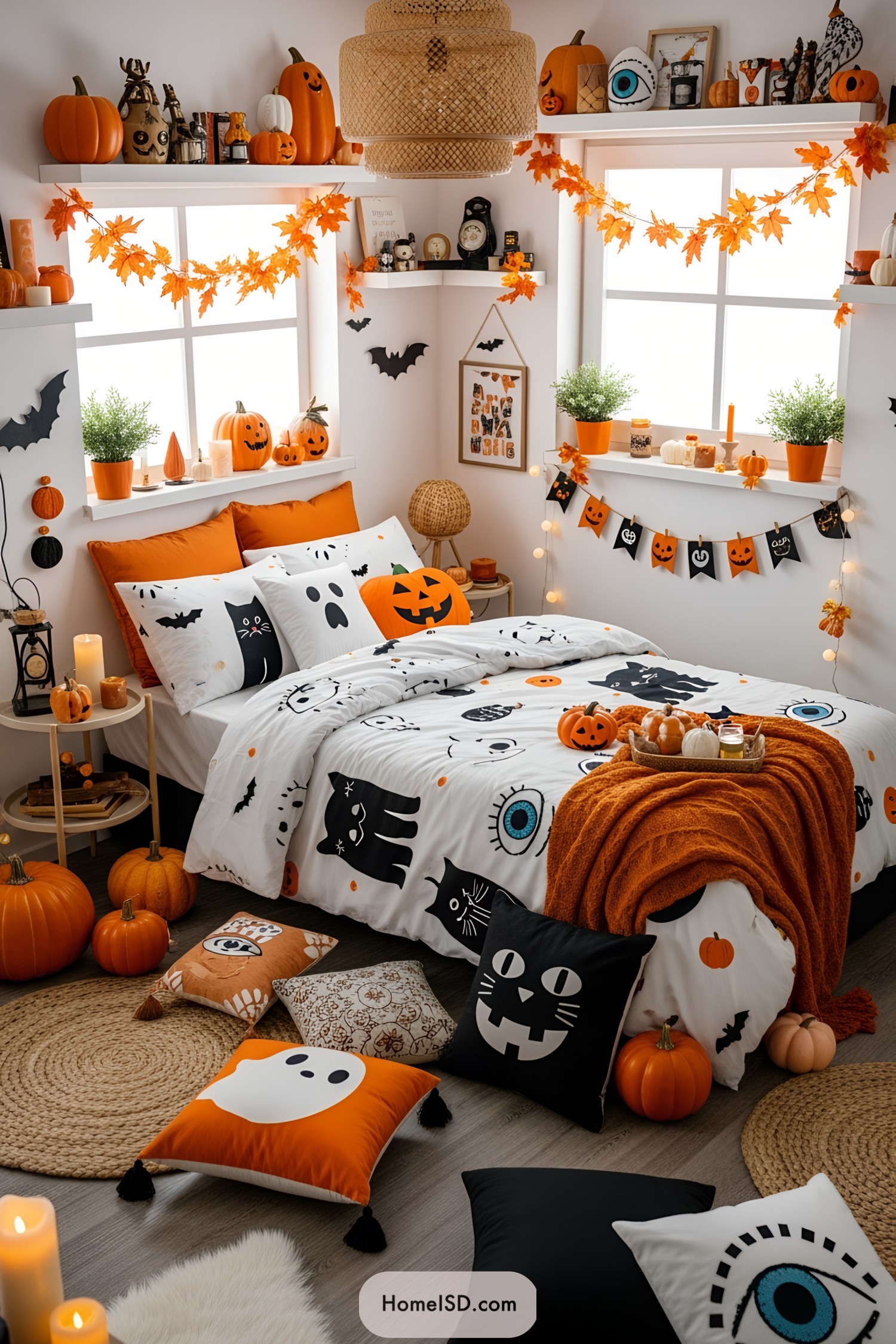 Halloween-themed bedroom with pumpkins and spooky decorations