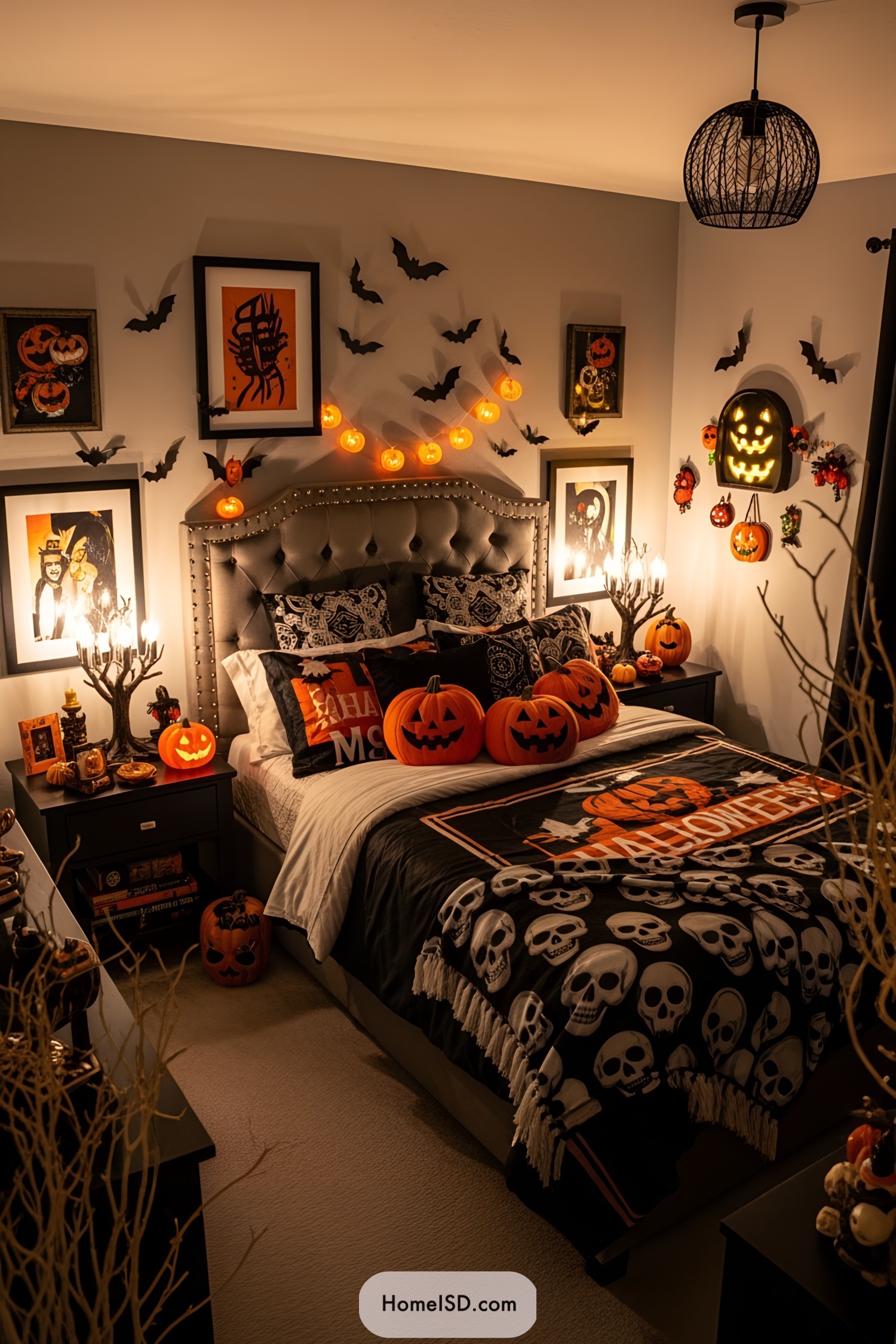 Halloween-themed bedroom with pumpkin and bat decorations