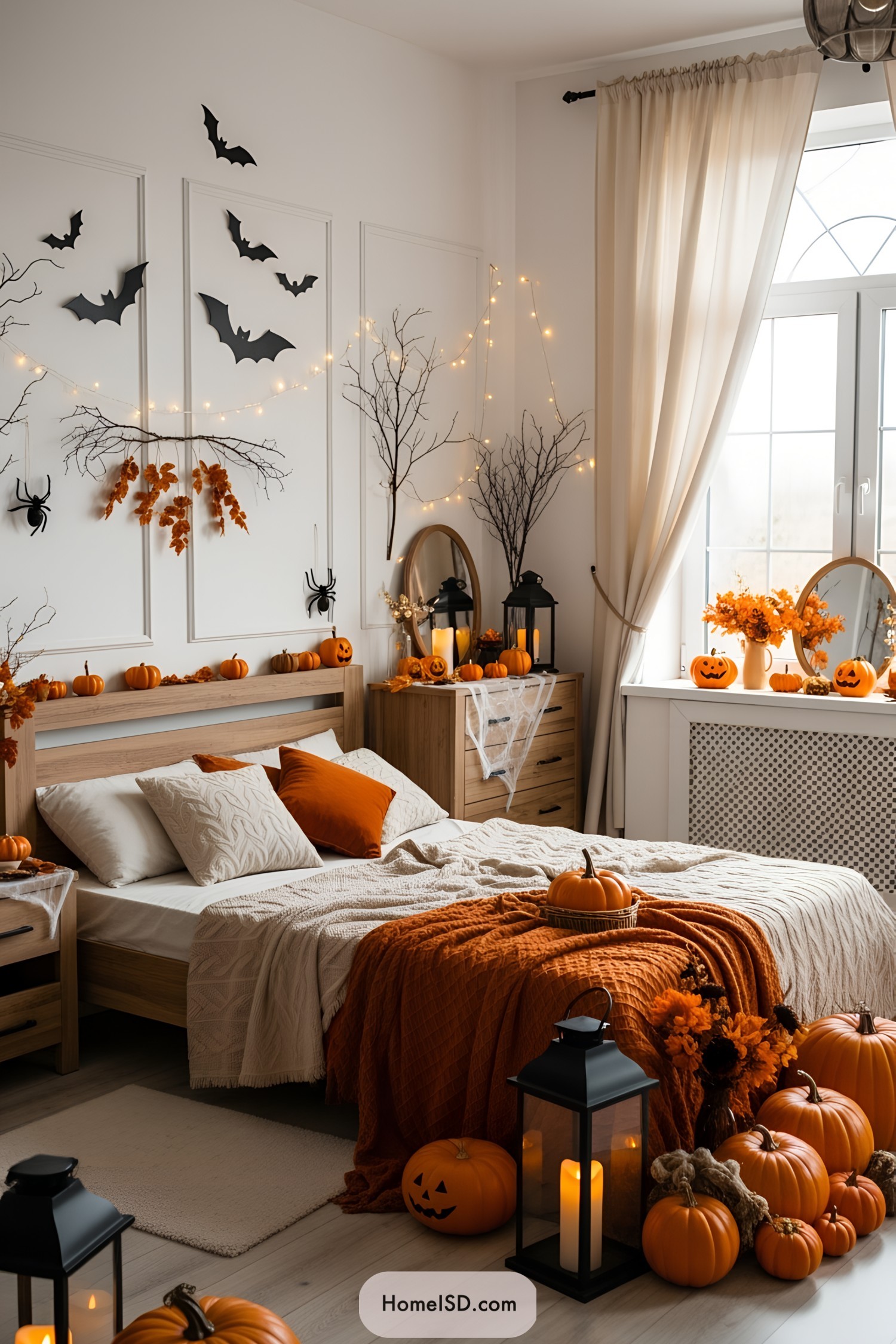 Cozy Halloween-themed bedroom with pumpkins and bats