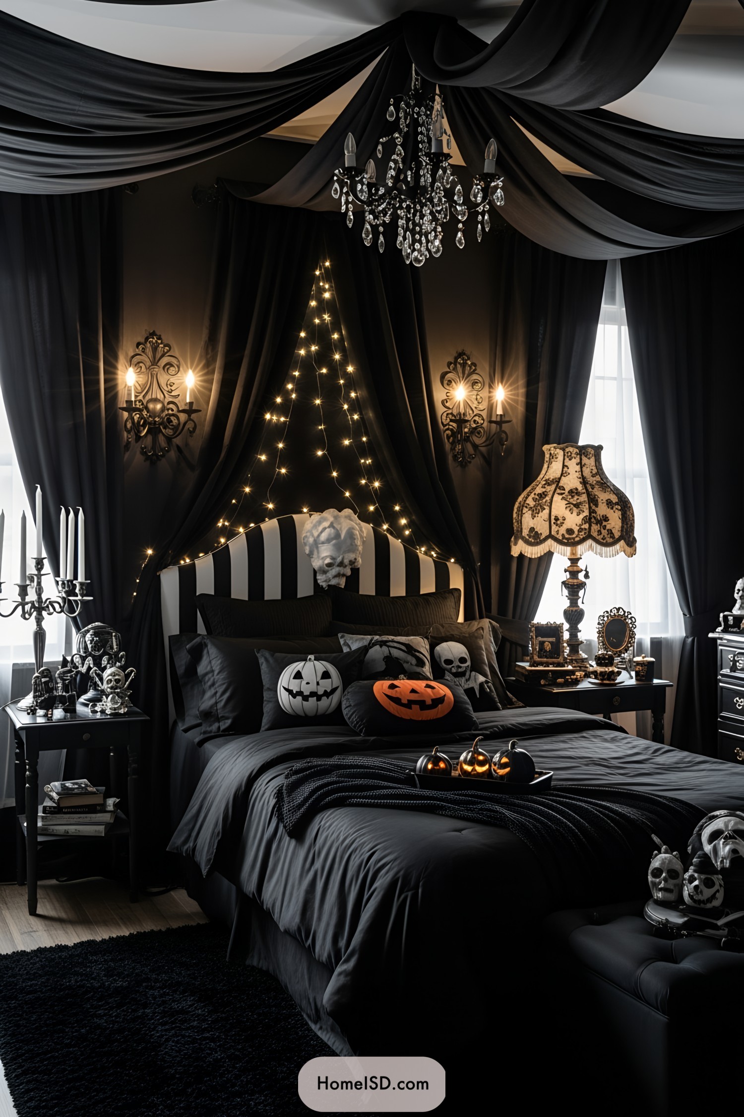 Halloween-themed bedroom with black drapery and pumpkin pillows