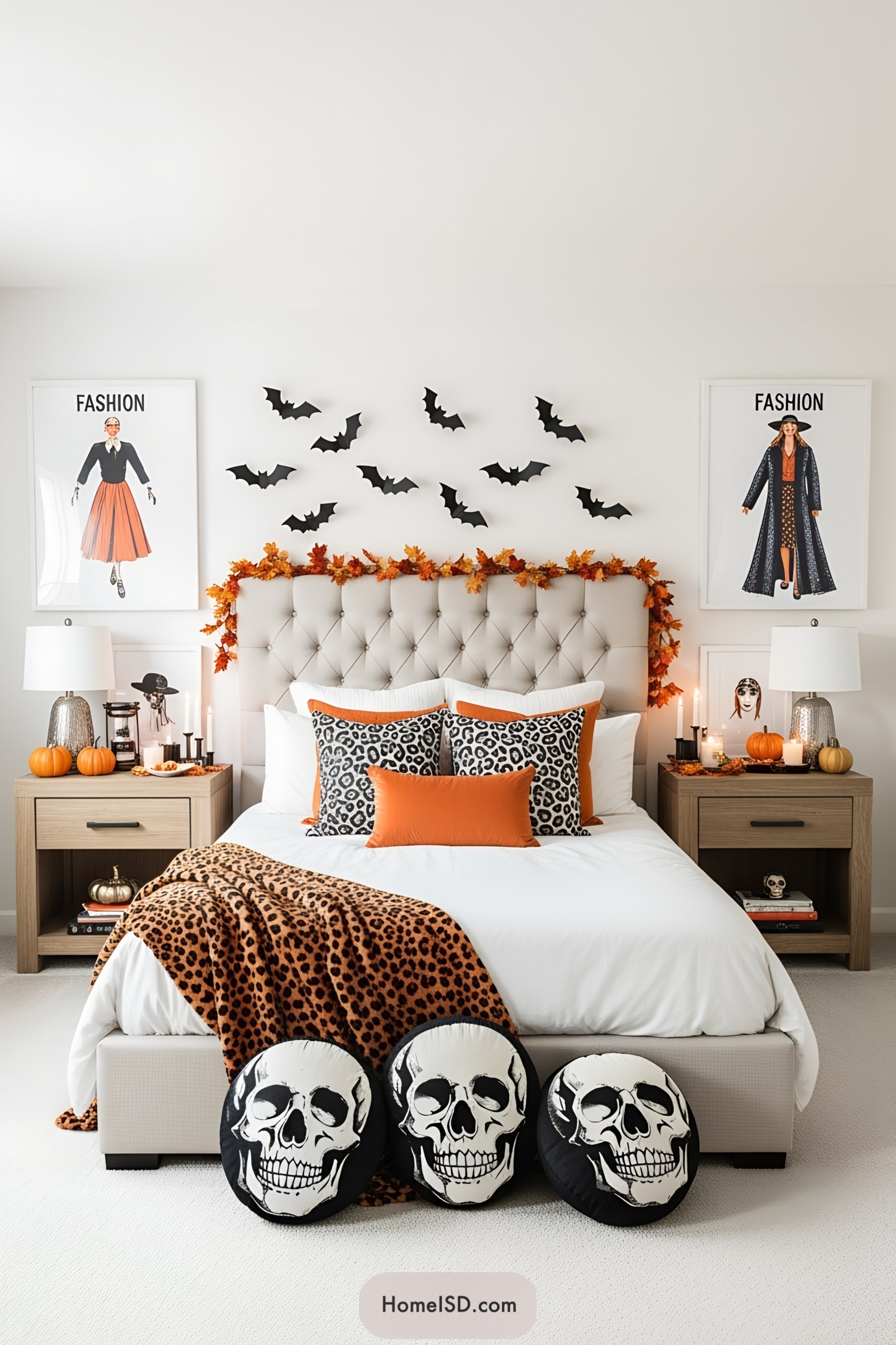 Halloween-themed bedroom with bats, pumpkins, and skull pillows