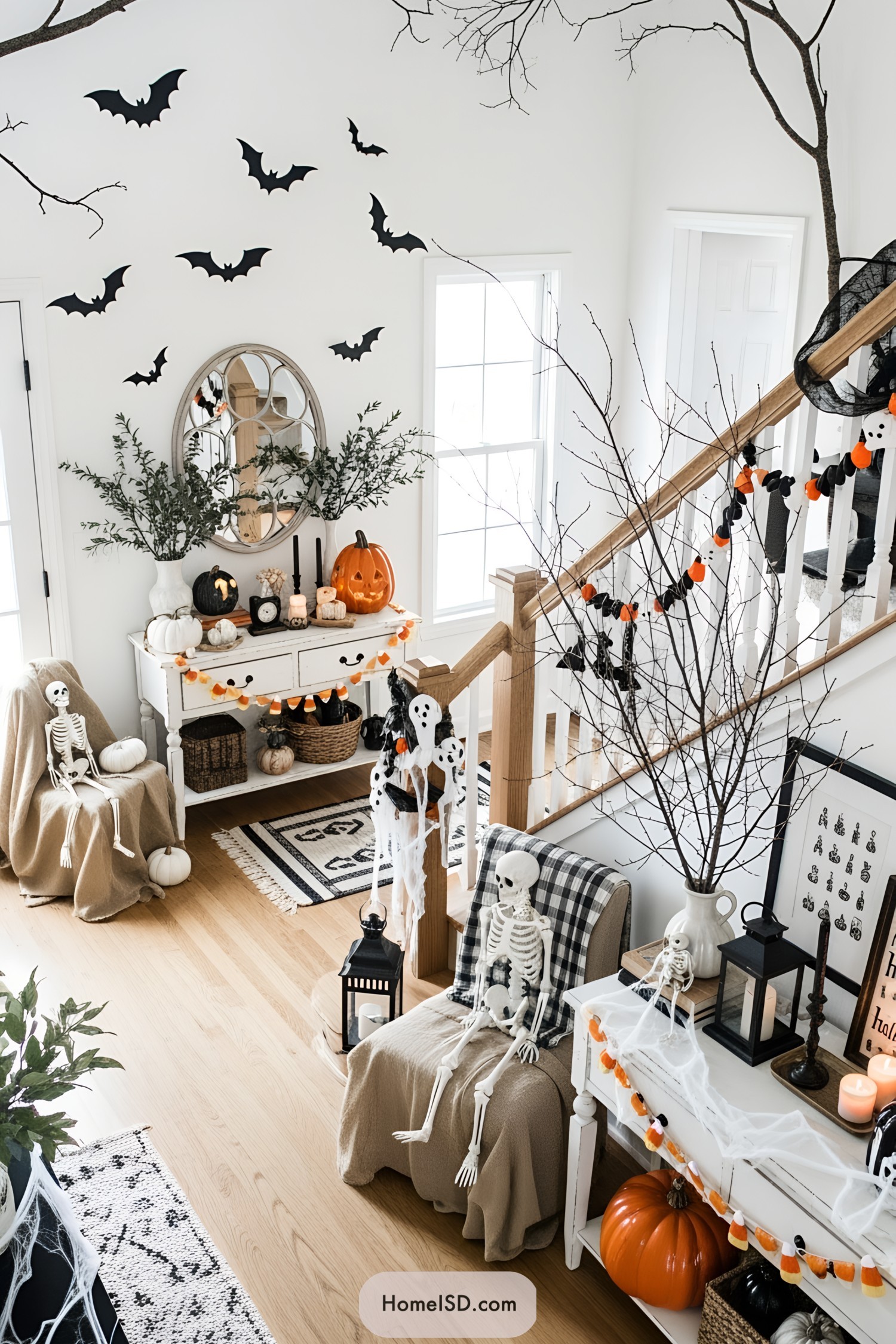 Halloween-themed entryway with bats, pumpkins, and skeletons