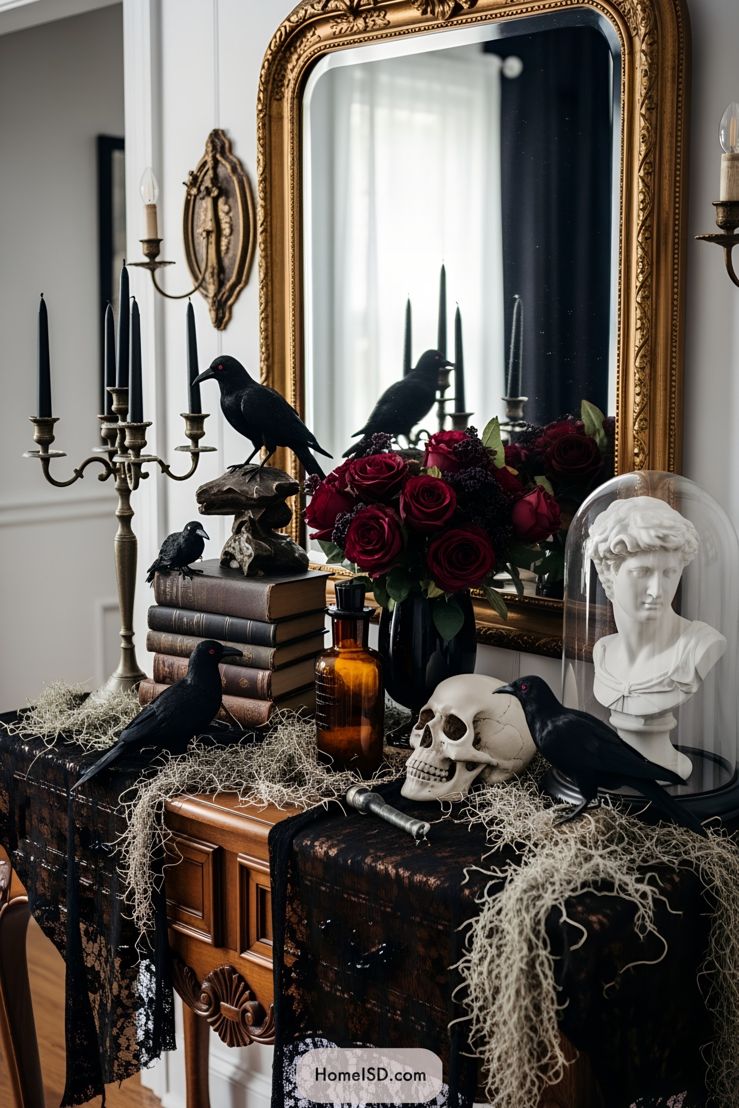 Dark Halloween entryway with crows, skulls, and vintage decor