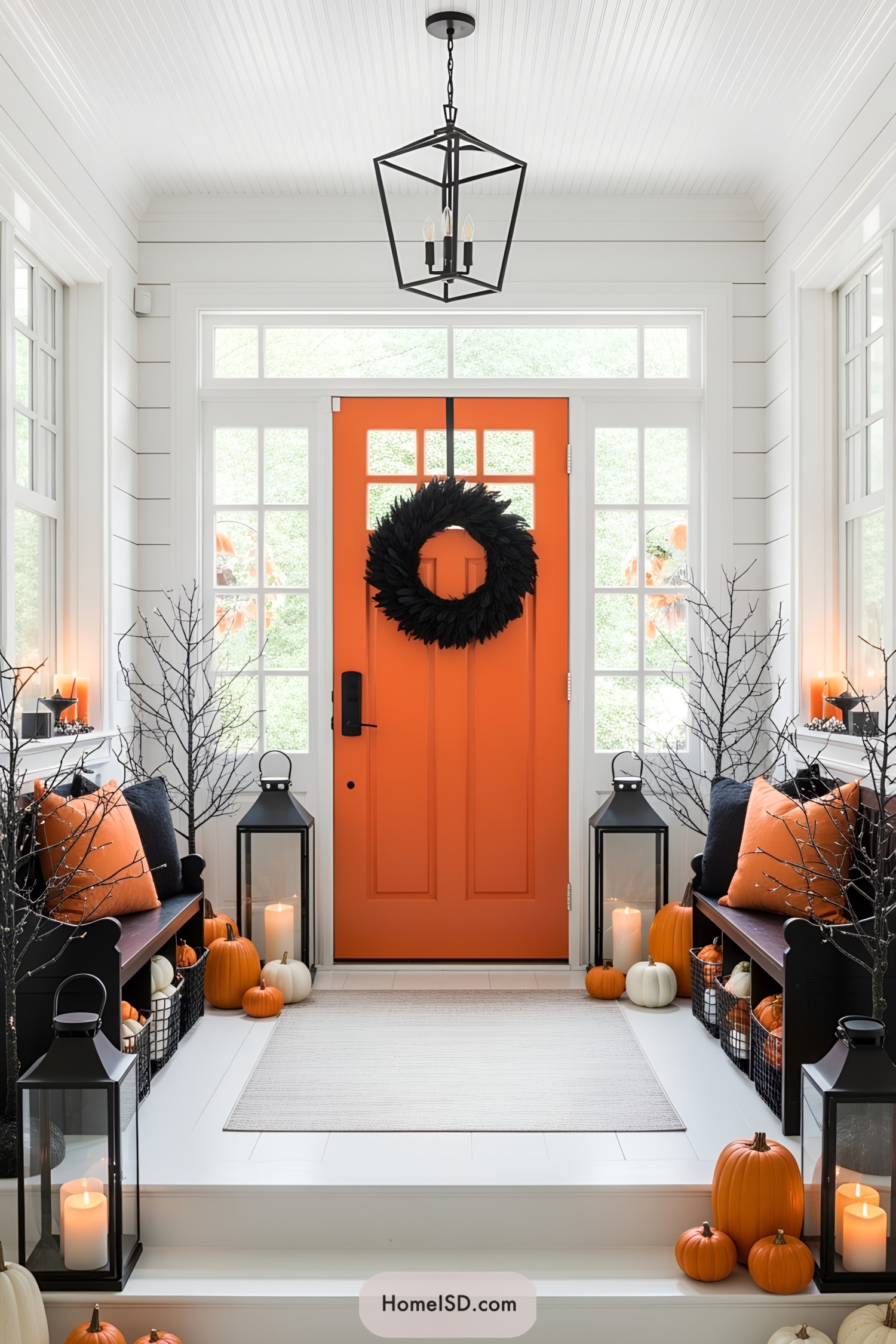 Orange door decorated for Halloween with pumpkins and lanterns