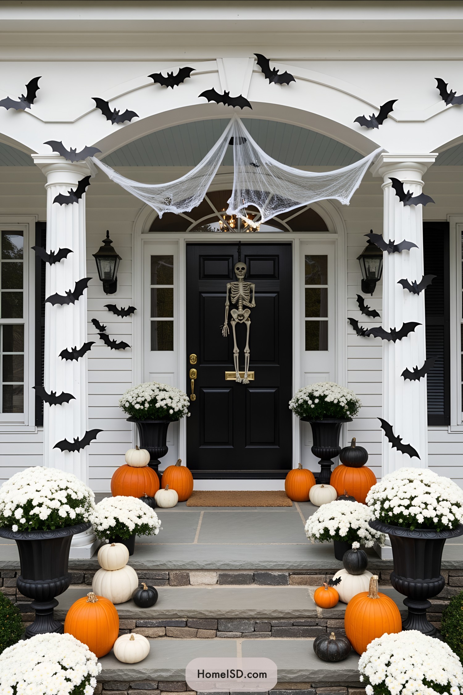 Front porch with bats, skeleton, pumpkins, and white flowers