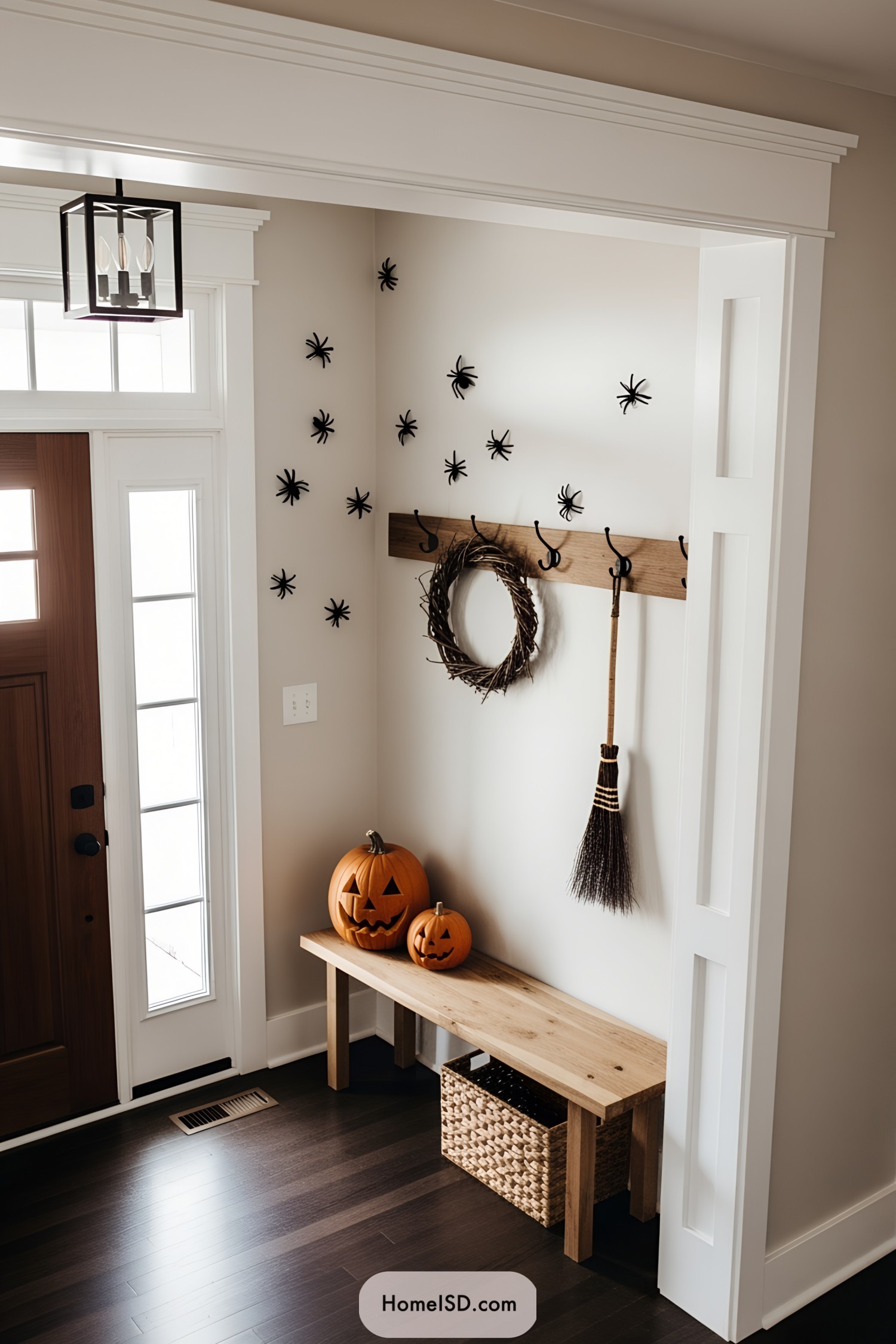 Halloween-themed entryway with pumpkins and spiders