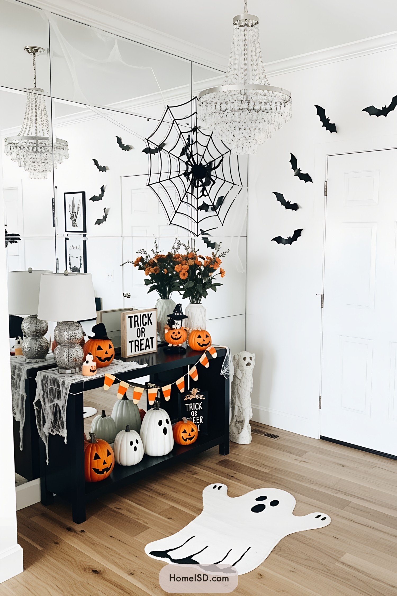 Stylish Halloween-themed entryway with decorations