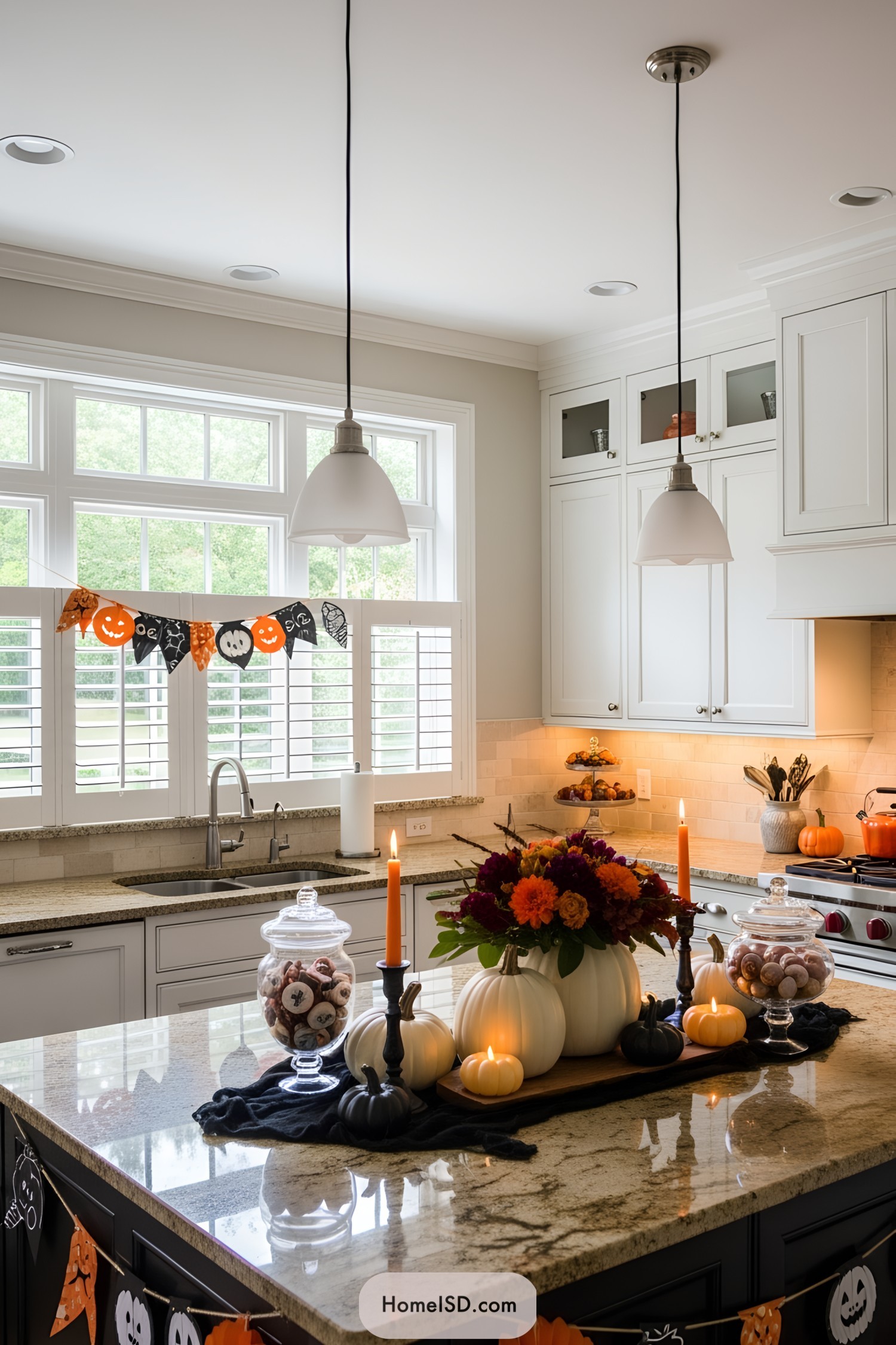Halloween-themed kitchen with pumpkins and decor