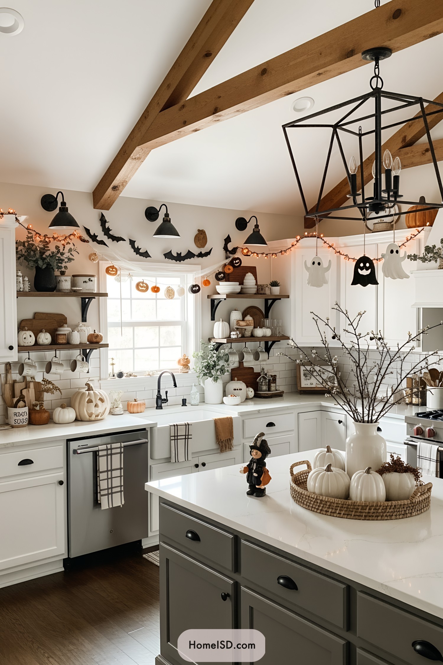 Kitchen with Halloween pumpkin and ghost decorations
