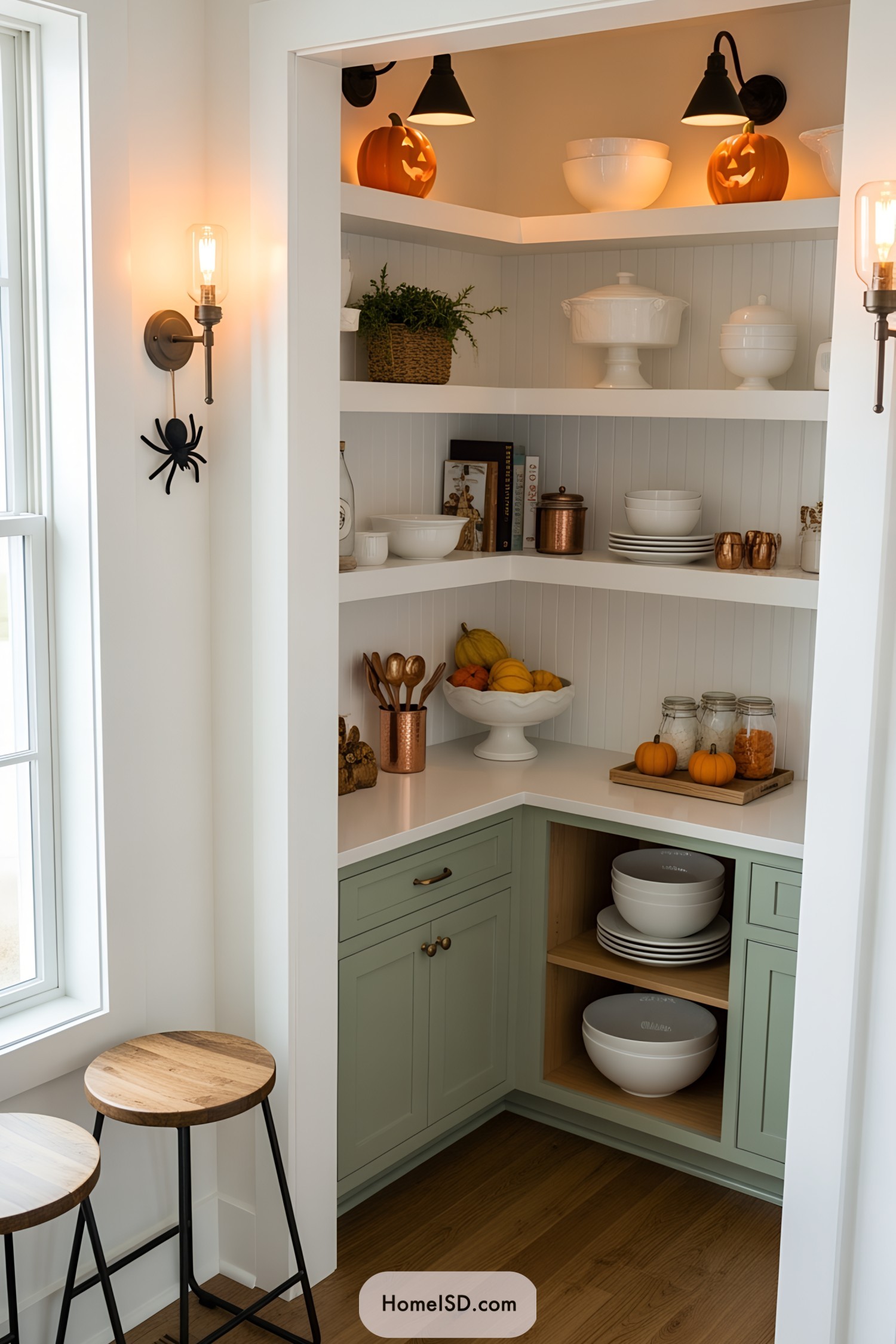 Shelves Adorned with Pumpkins and Copper Accents