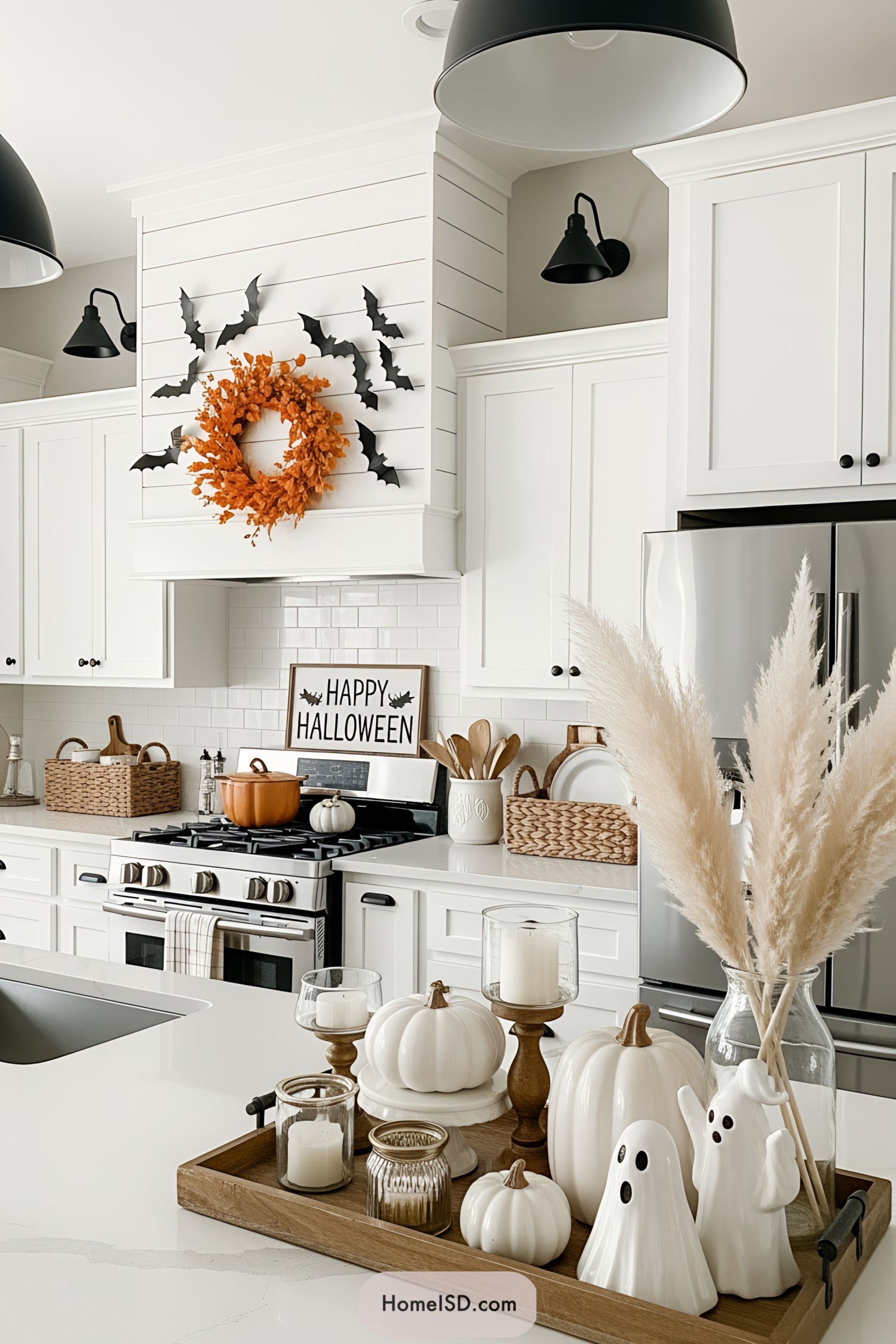 Cozy kitchen with Halloween decor, including ghosts and pumpkins