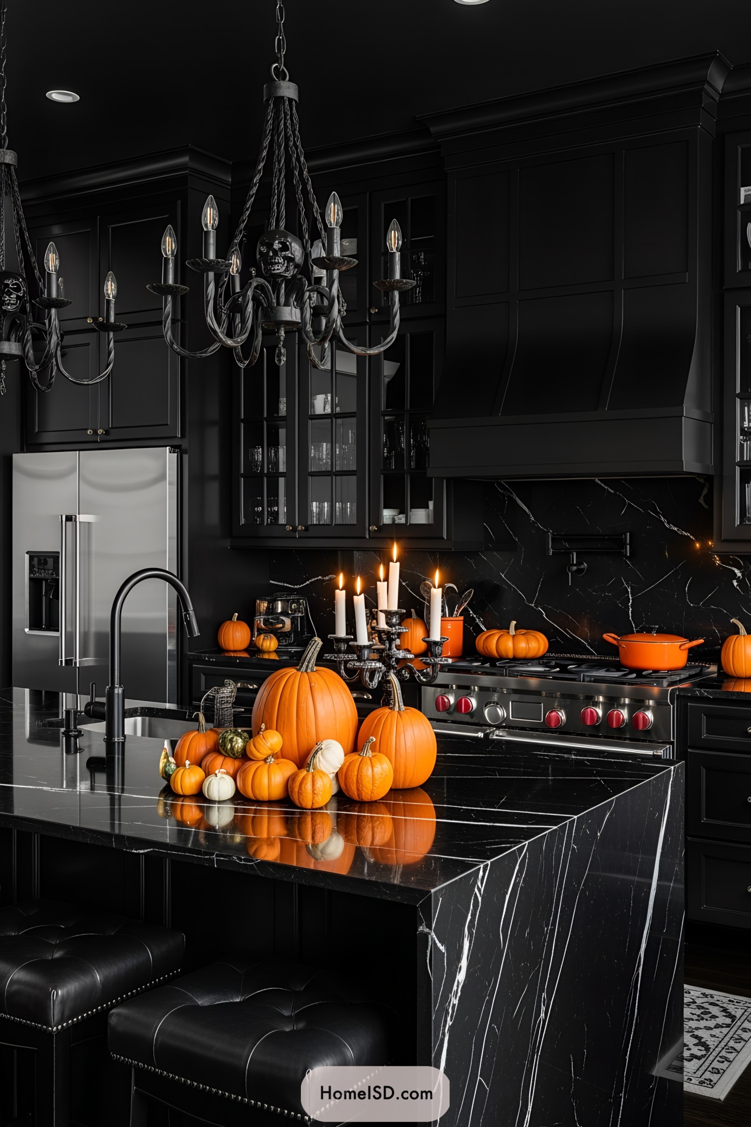 A chic kitchen with Halloween decorations, featuring pumpkins and a dark color scheme